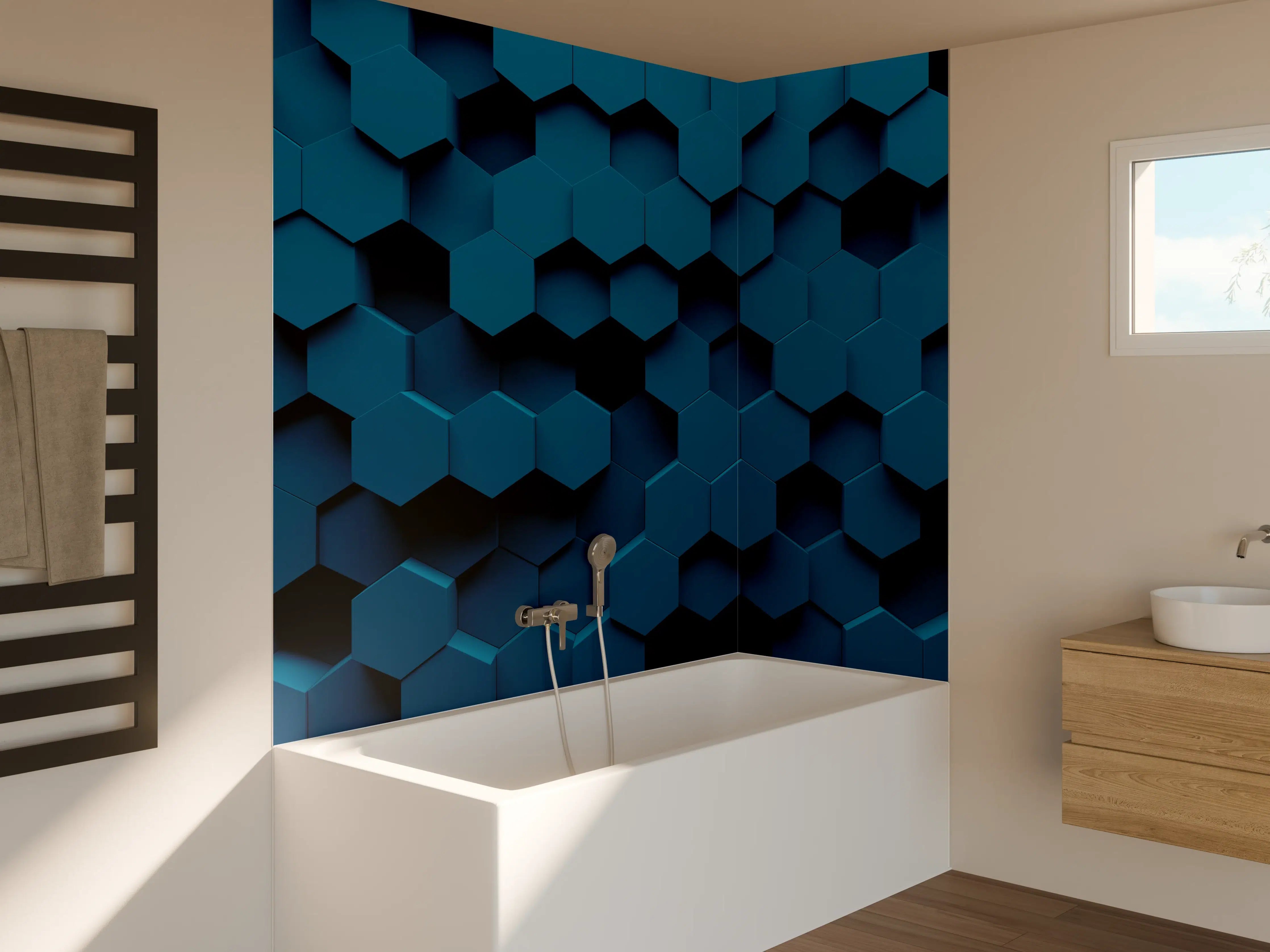 Badewannen-Rückwand - Dunkle blaue 3D-Hexagon-Wandgestaltung