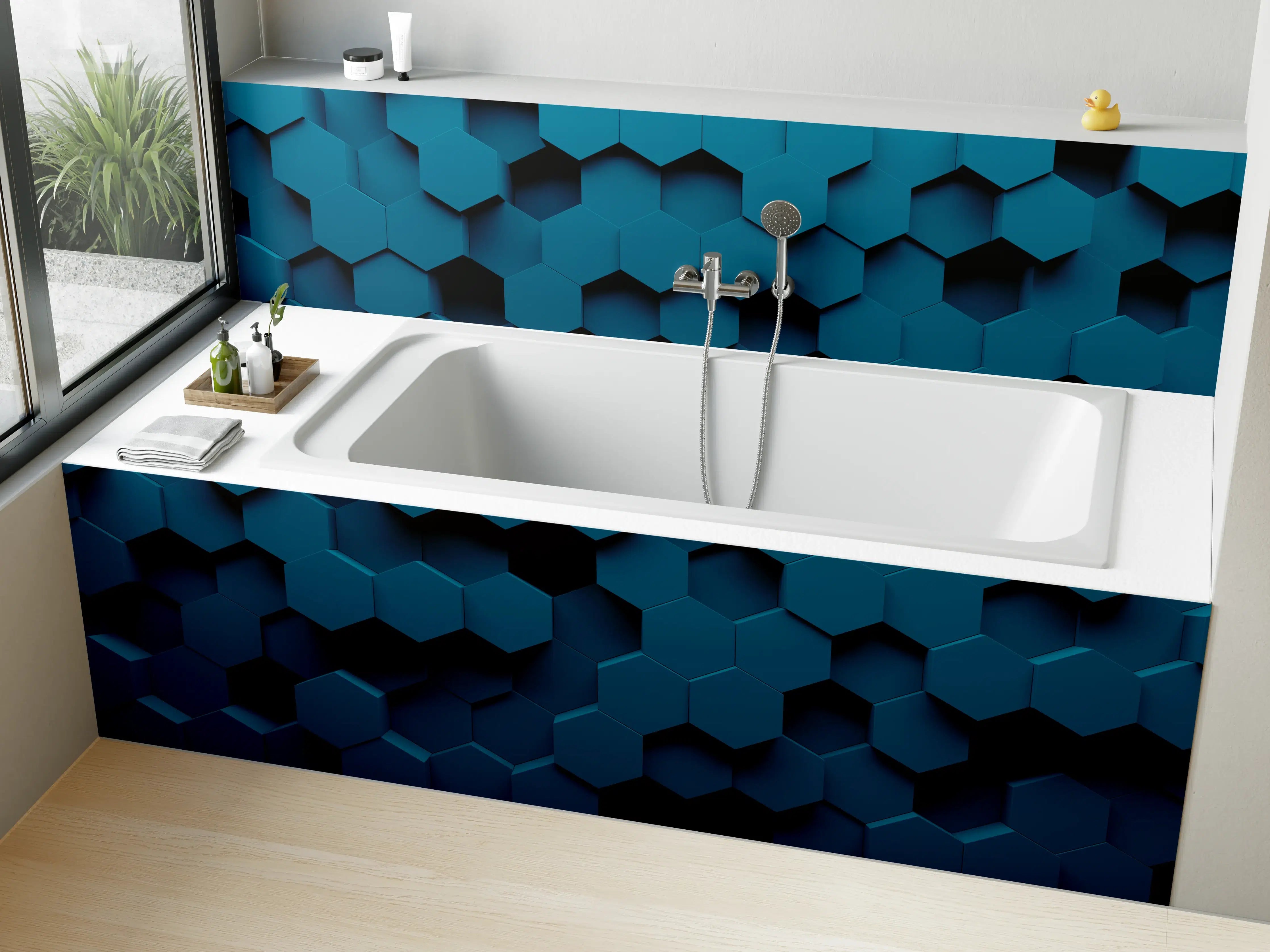 Badewannen-Rückwand - Dunkle blaue 3D-Hexagon-Wandgestaltung