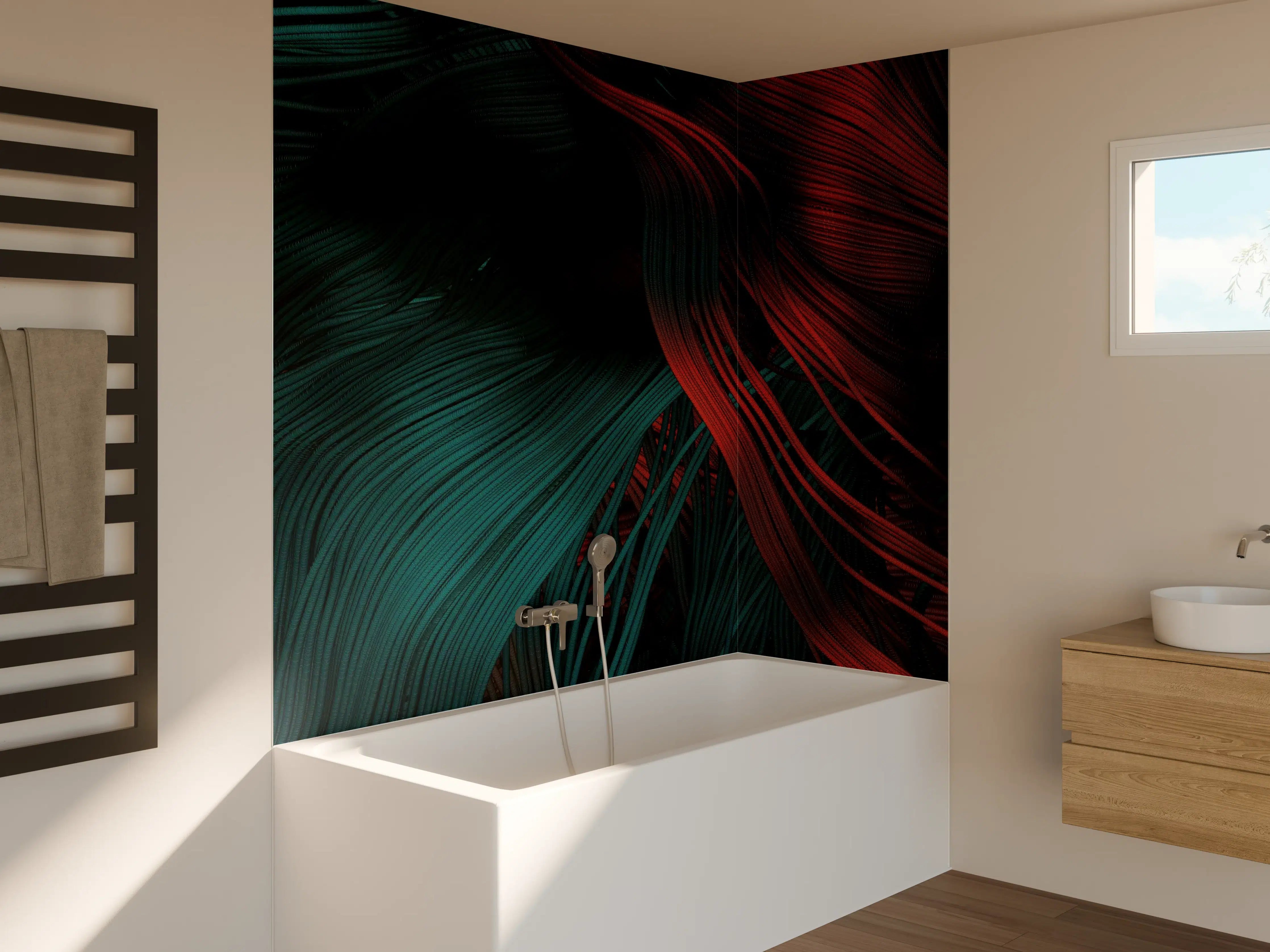 Badewannen-Rückwand - Dunkle, detailreiche Textur mit roten und grünen Akzenten