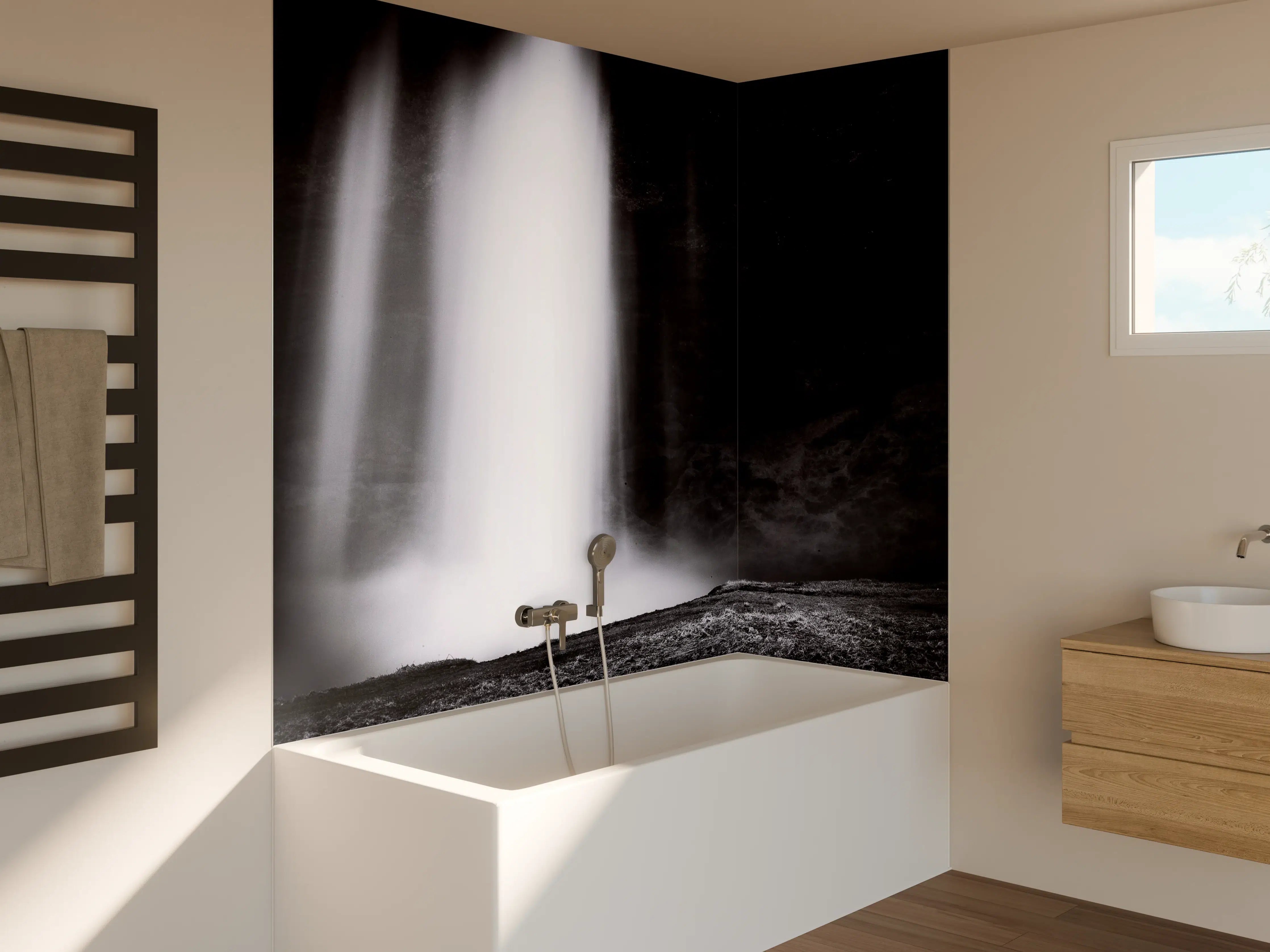 Badewannen-Rückwand - Dunkler Wasserfall mit Lichtstreifen