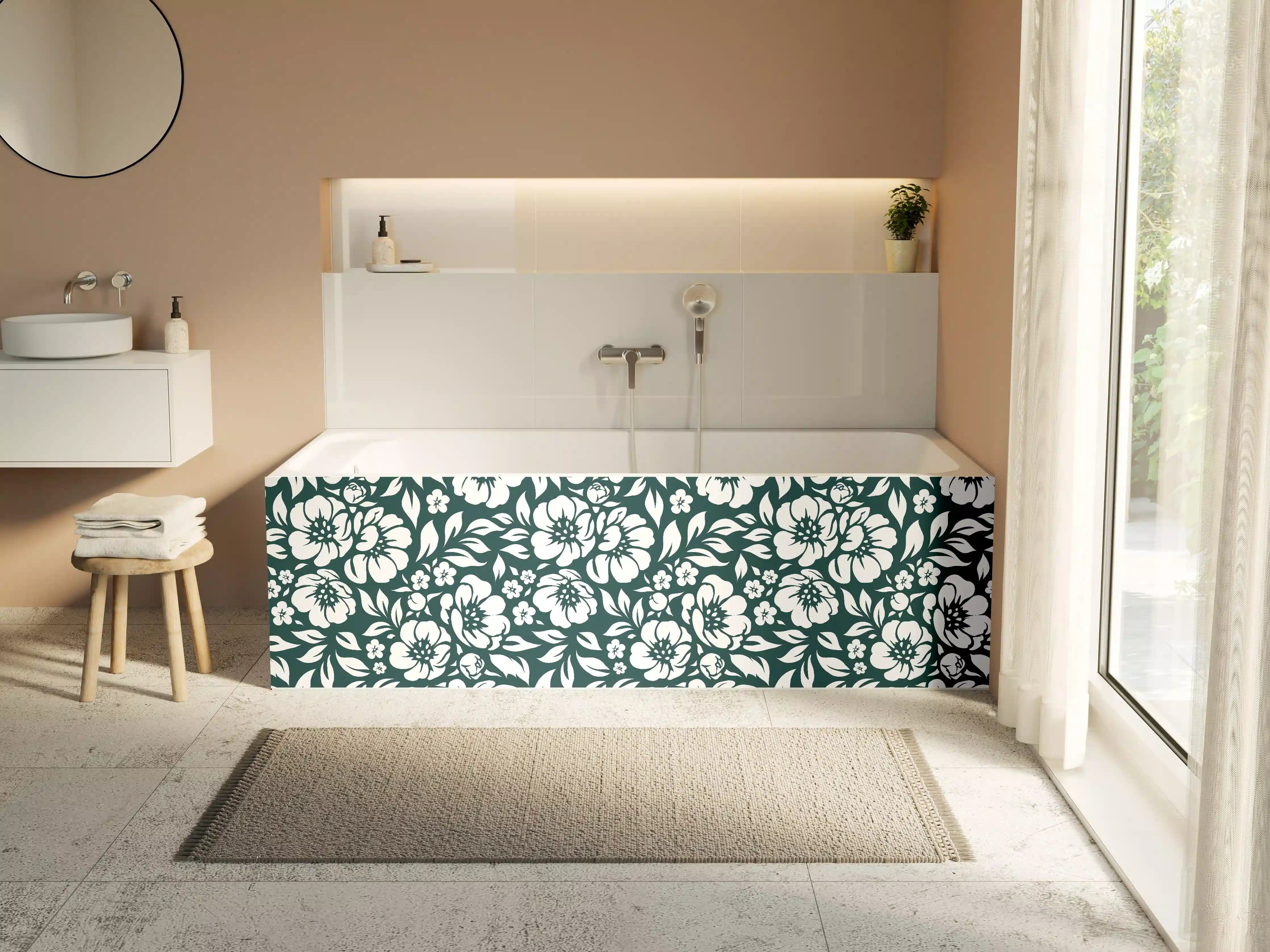 Badewannen-Rückwand - Dunkles Blumenmuster mit weißen Akzenten
