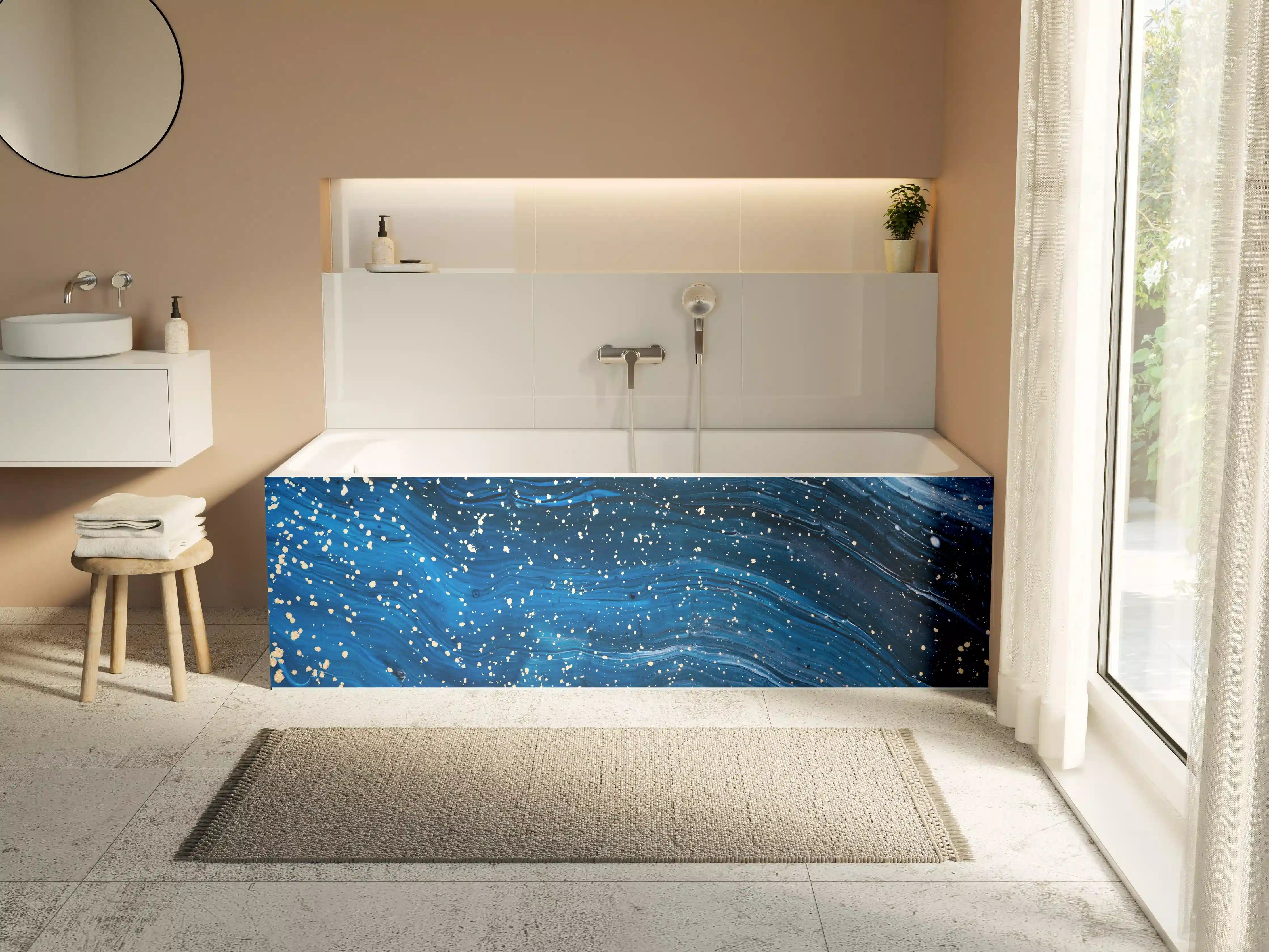 Badewannen-Rückwand - Dynamische Wasserströme in Blautönen