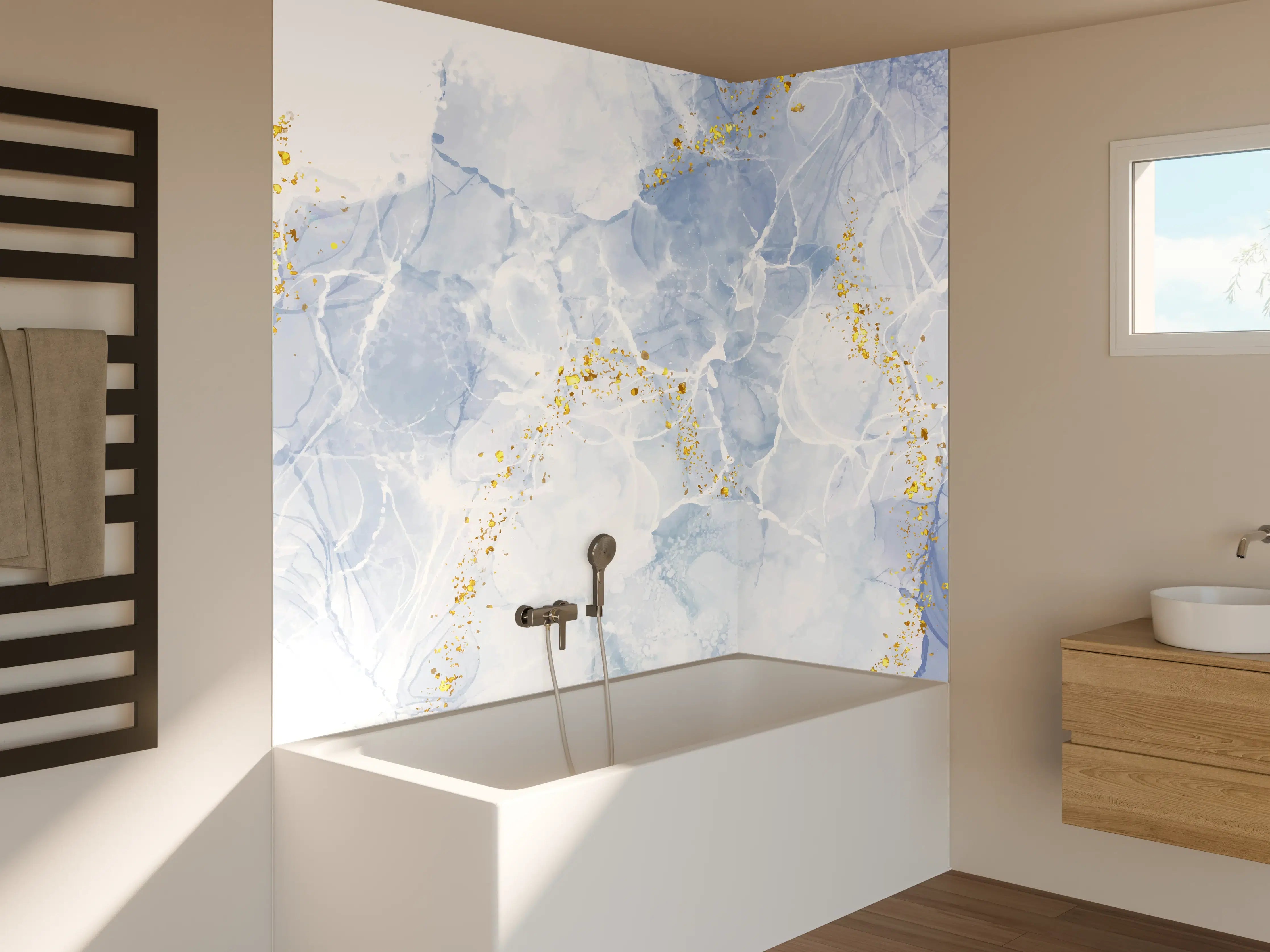 Badewannen-Rückwand - Eisiges Blau mit Goldakzenten