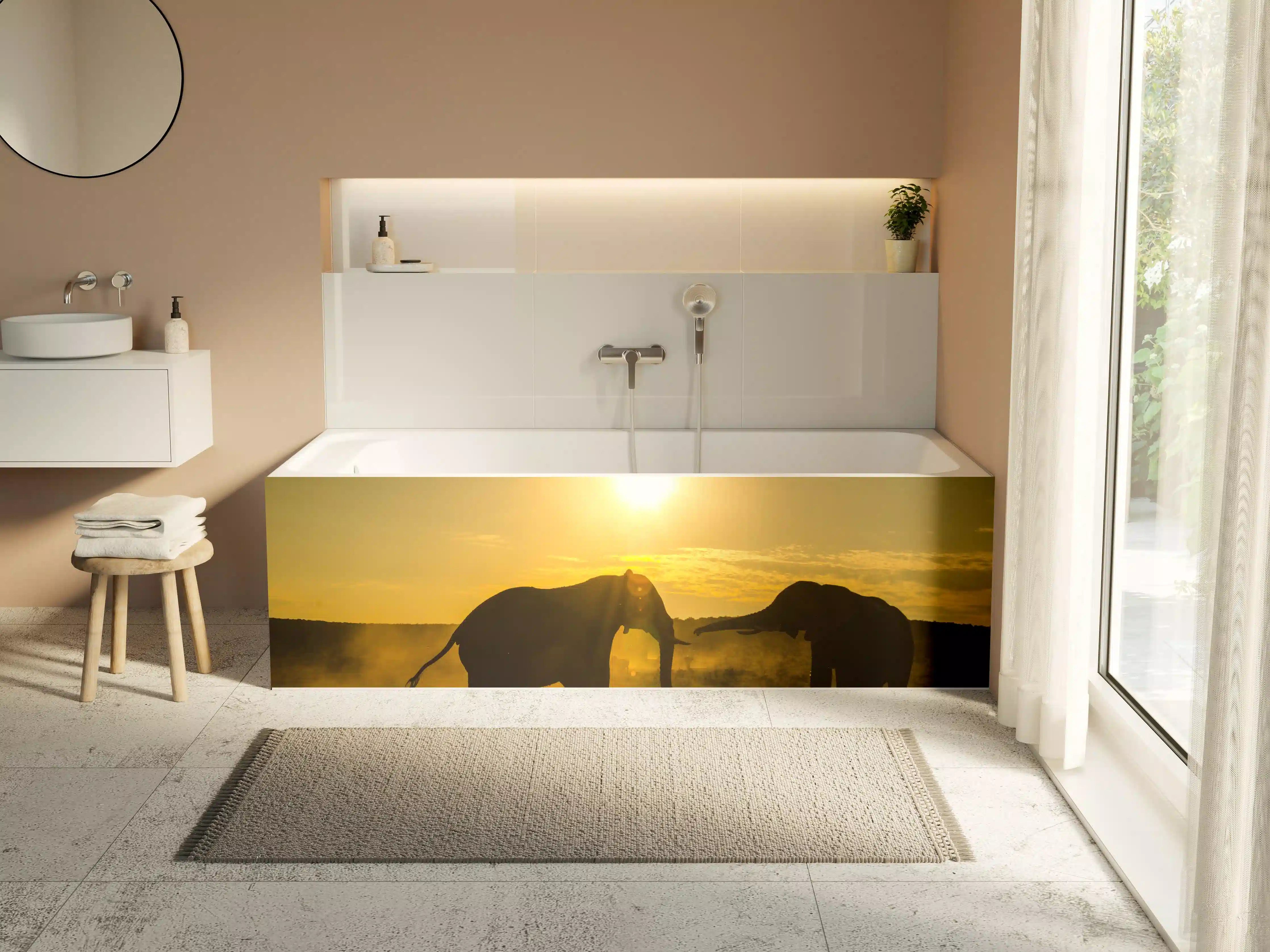 Badewannen-Rückwand - Elefanten bei Sonnenuntergang