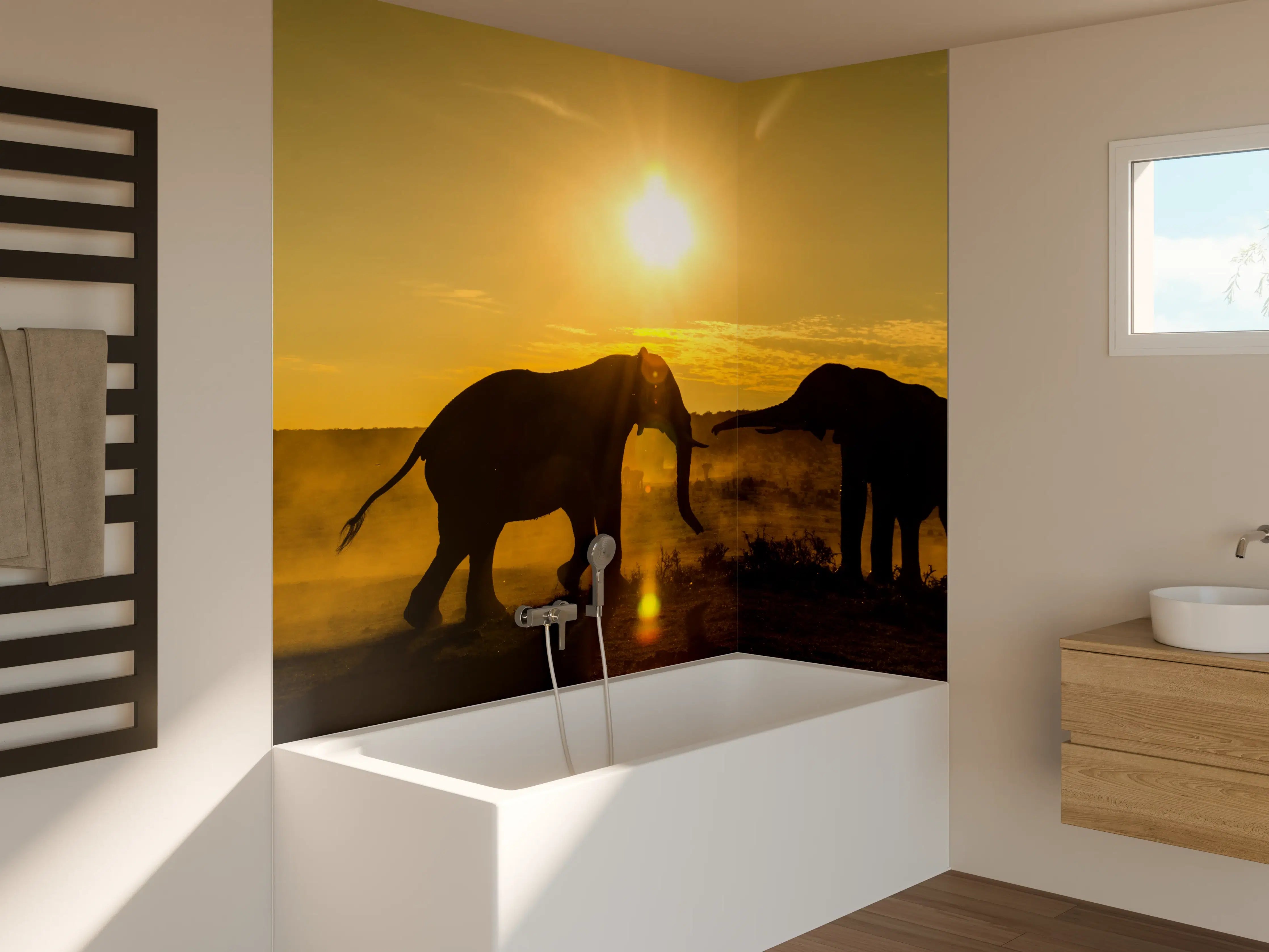 Badewannen-Rückwand - Elefanten bei Sonnenuntergang