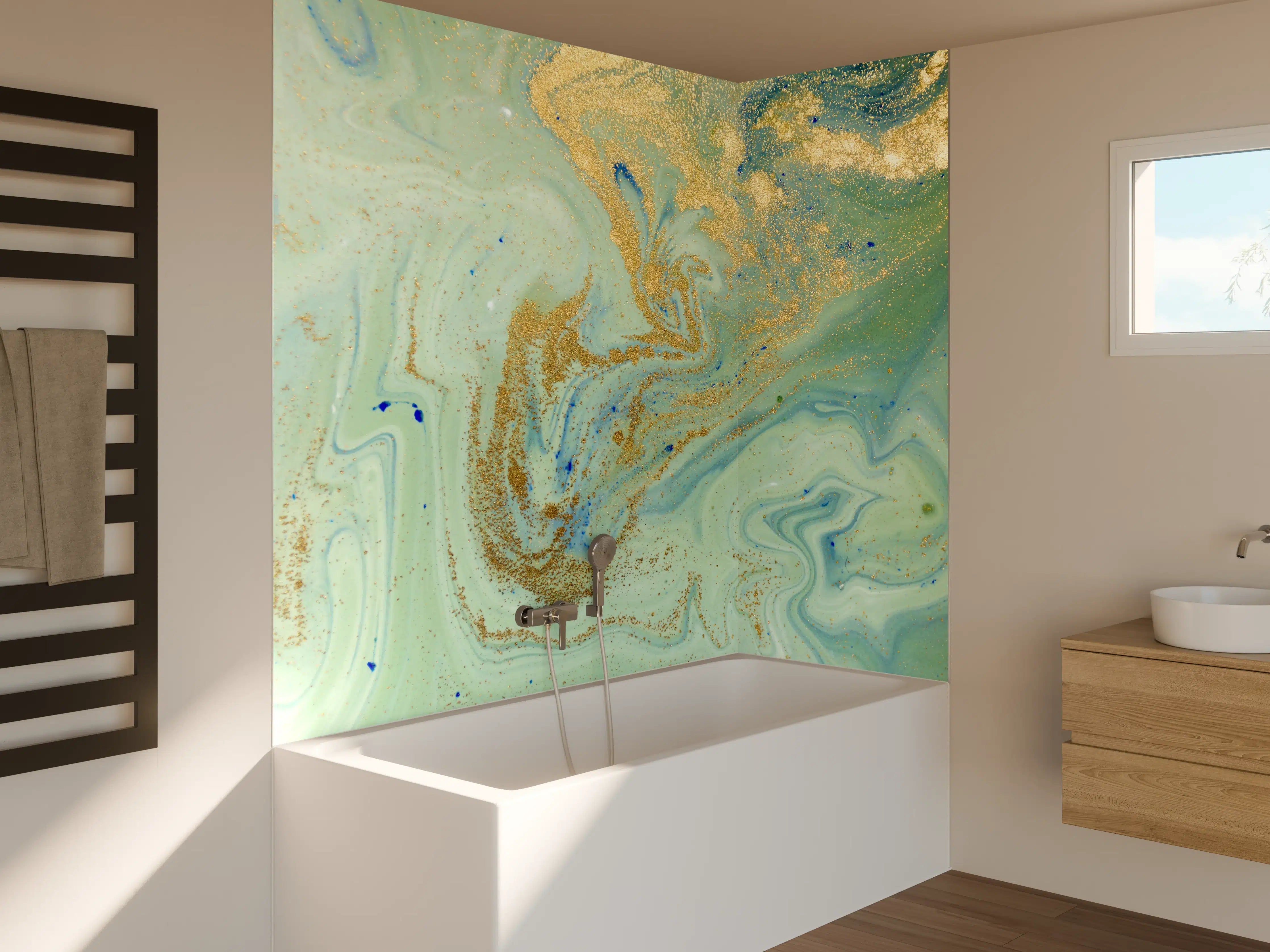 Badewannen-Rückwand - Elegant bunte Marmor-Textur mit Goldakzenten