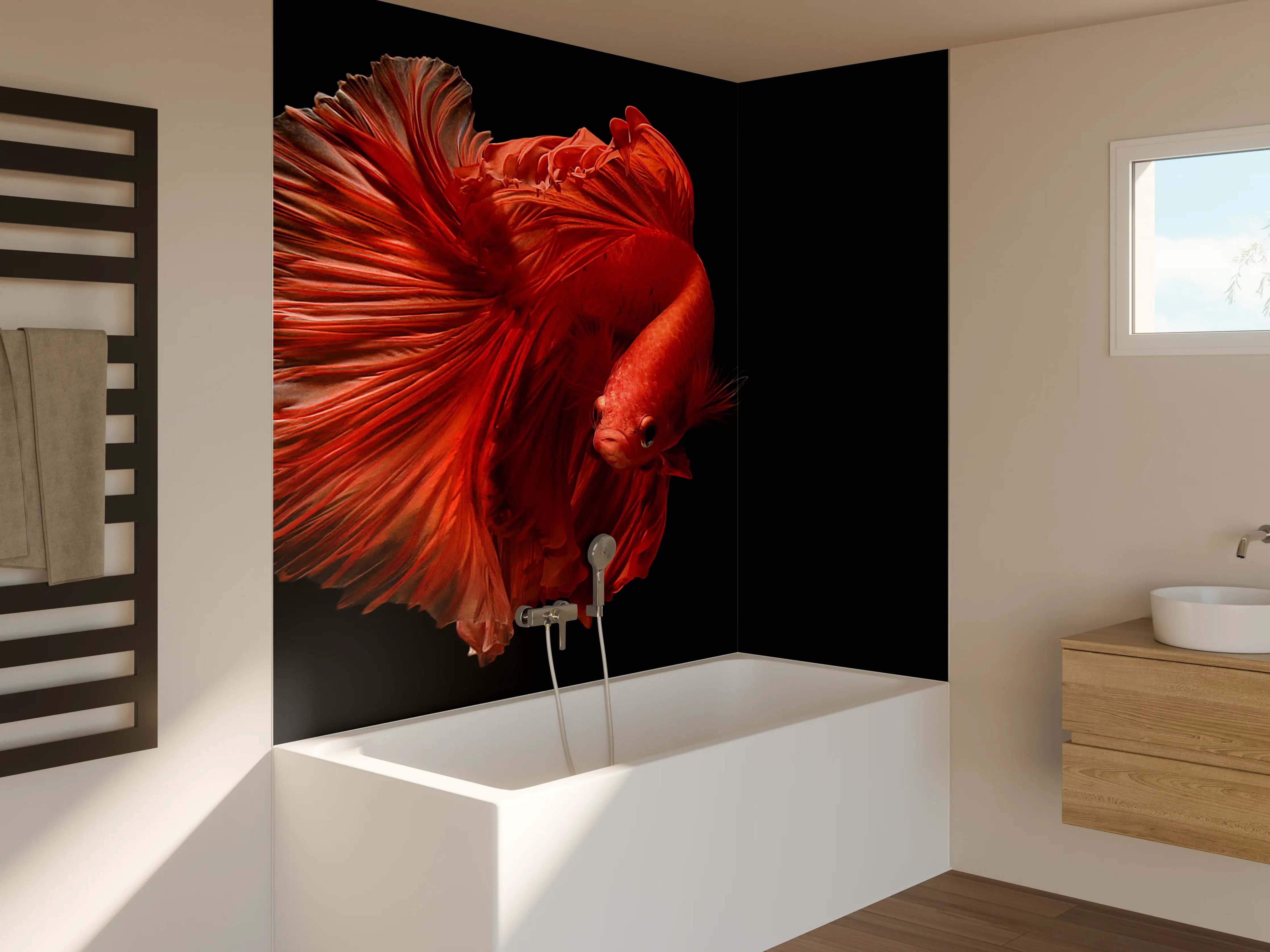 Badewannen-Rückwand - Elegant roter Betta-Fisch vor schwarzem Hintergrund