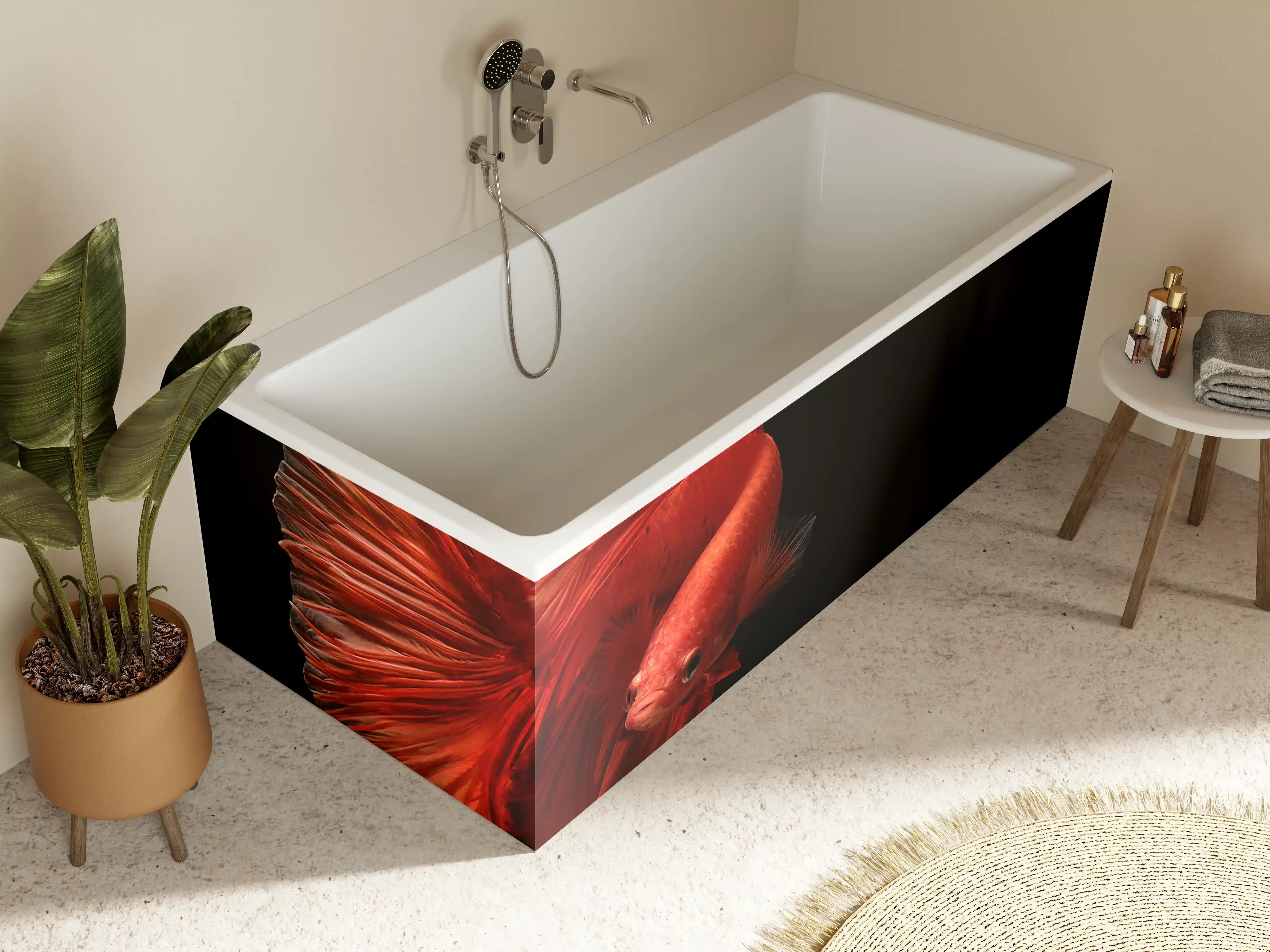 Badewannen-Rückwand - Elegant roter Betta-Fisch vor schwarzem Hintergrund