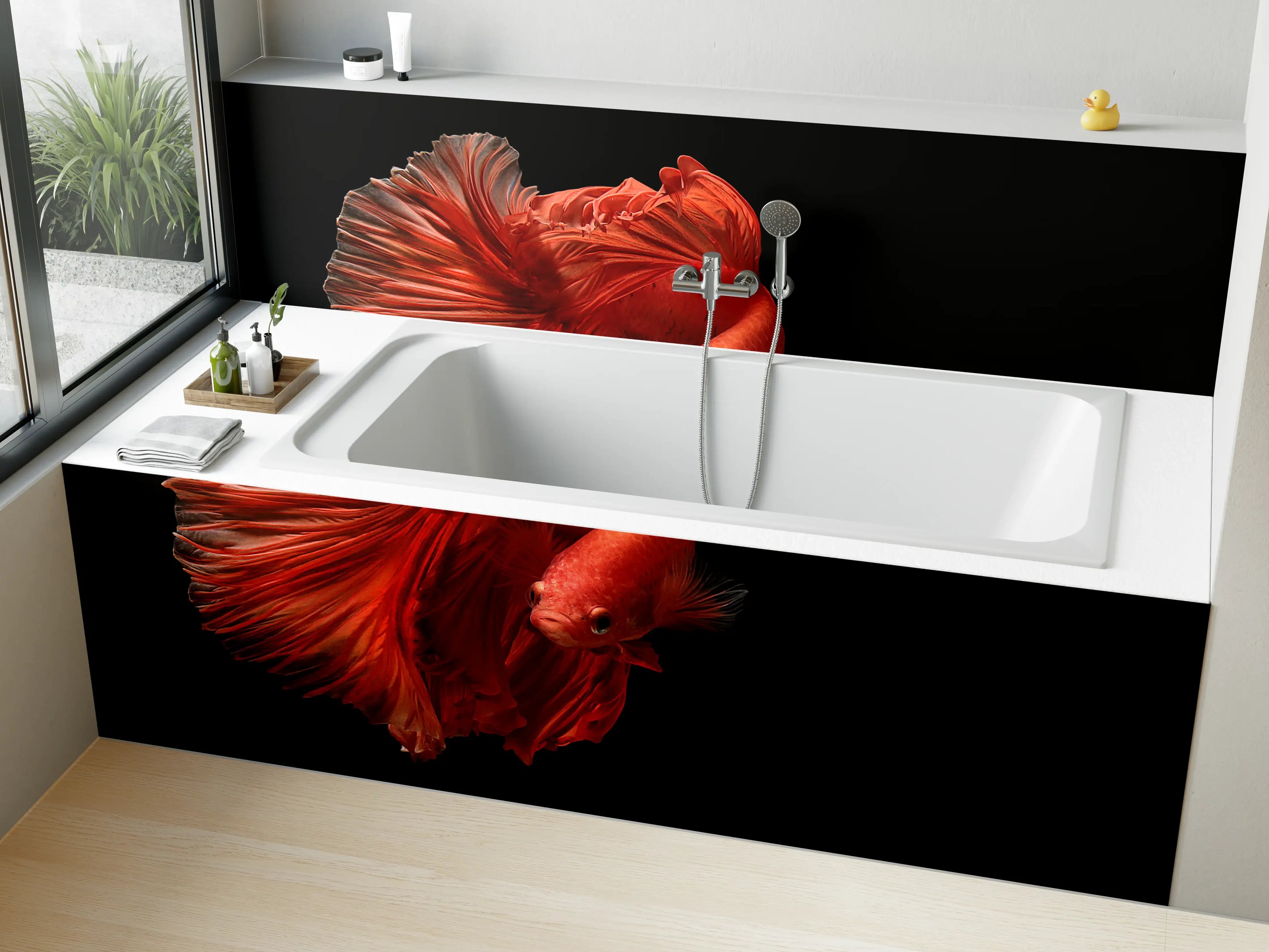 Badewannen-Rückwand - Elegant roter Betta-Fisch vor schwarzem Hintergrund