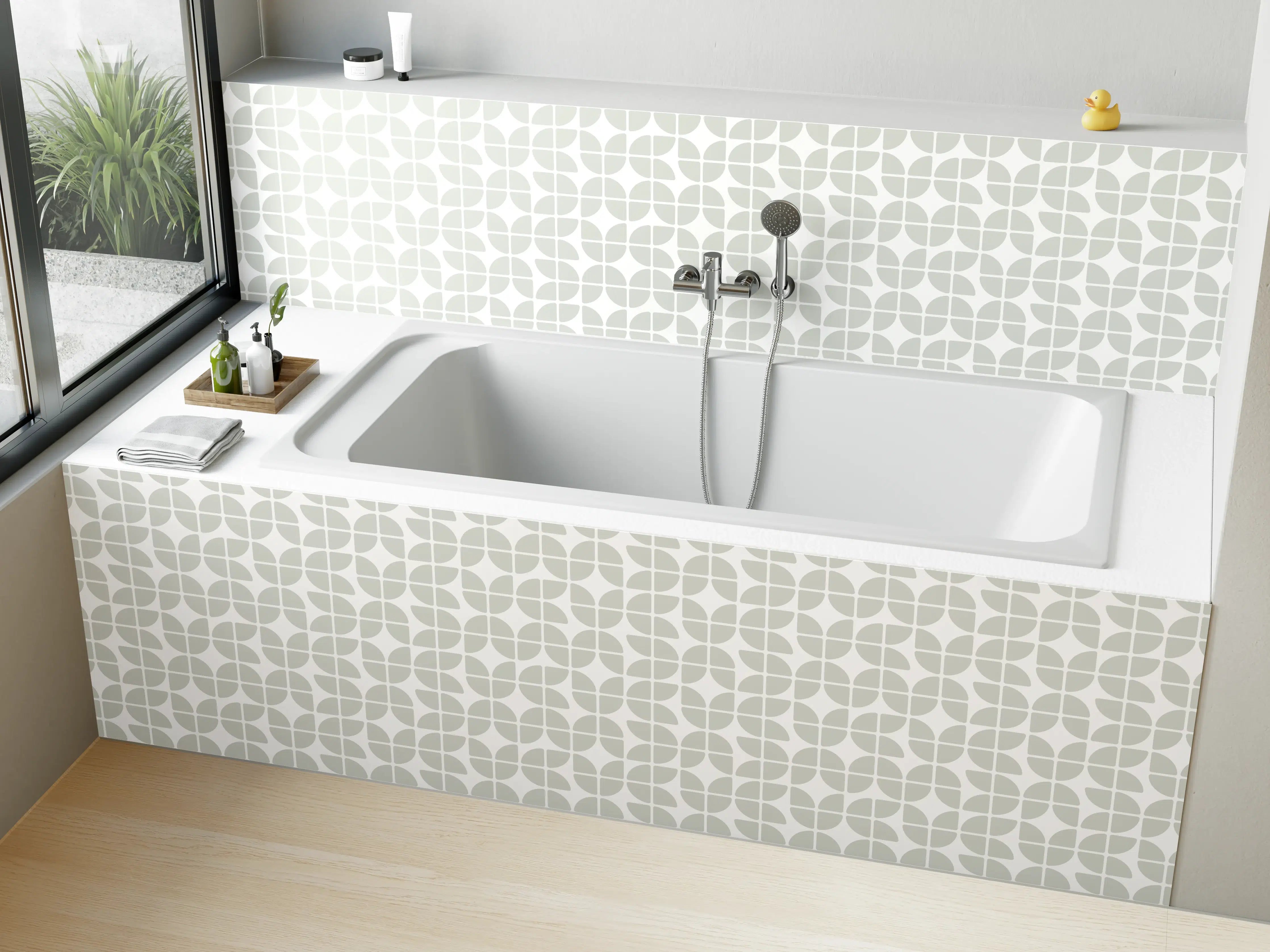 Badewannen-Rückwand - Elegant weißes Muster mit grauer Struktur