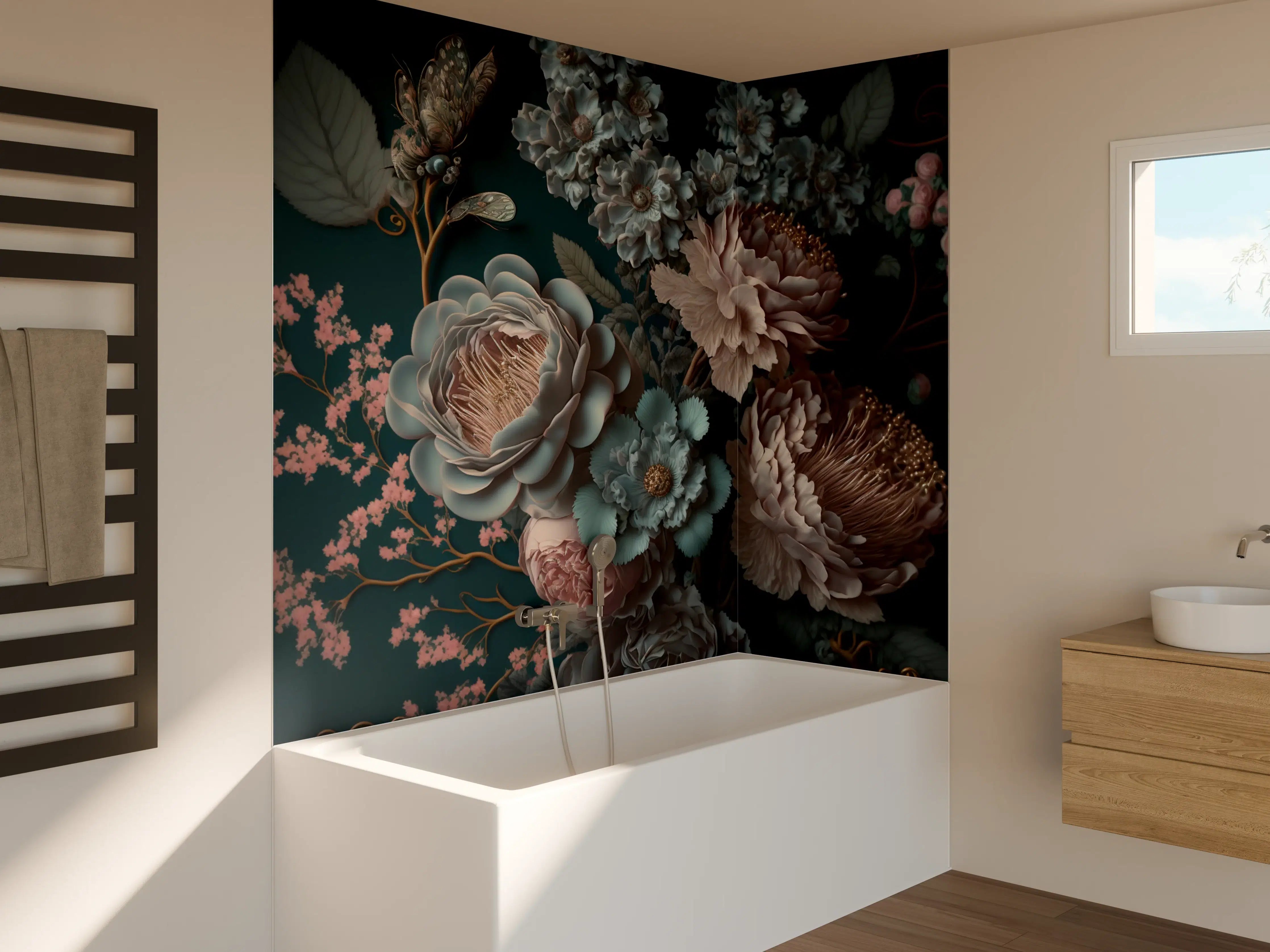 Badewannen-Rückwand - Elegant, dunkle Blumenkomposition