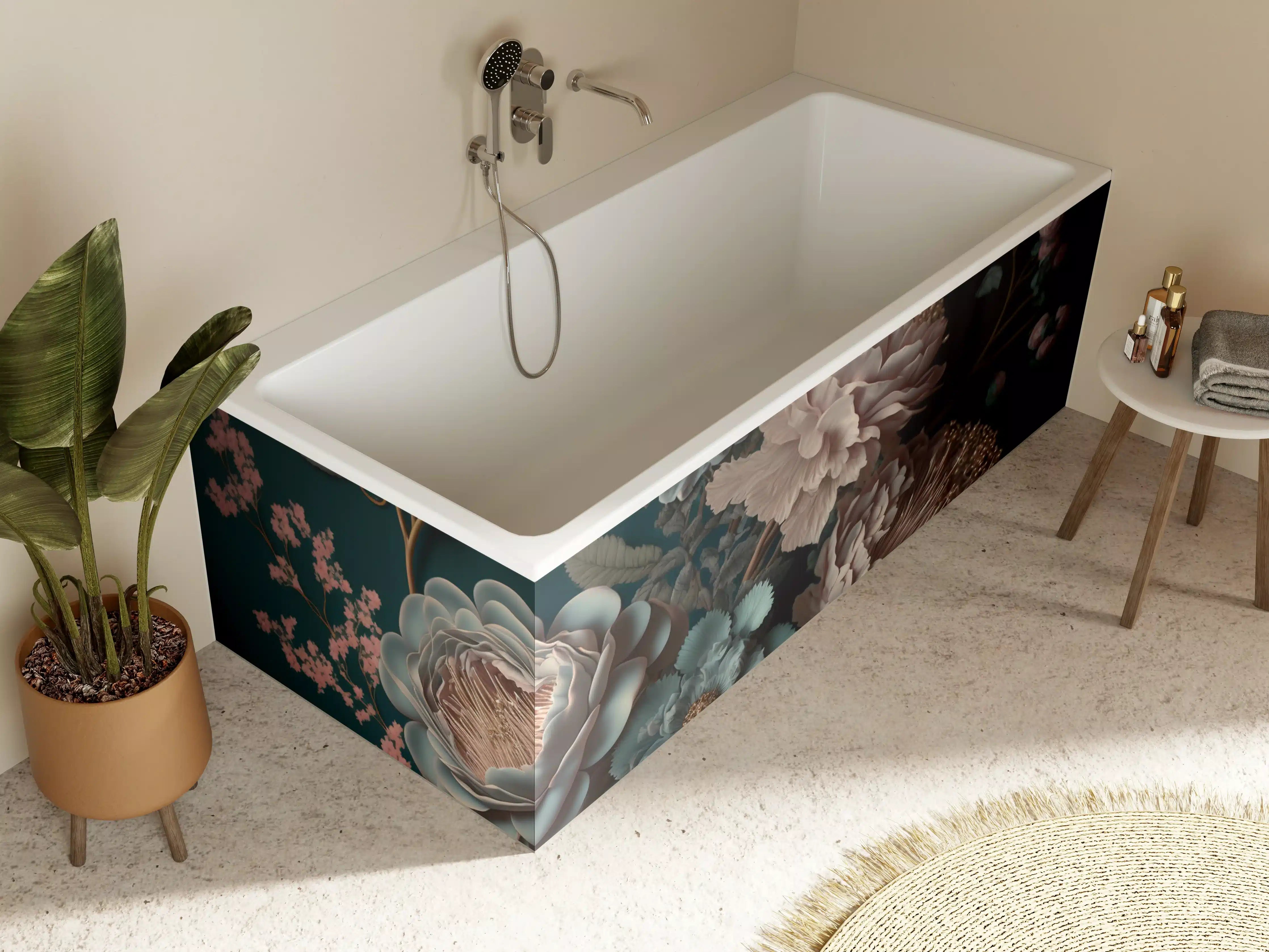 Badewannen-Rückwand - Elegant, dunkle Blumenkomposition