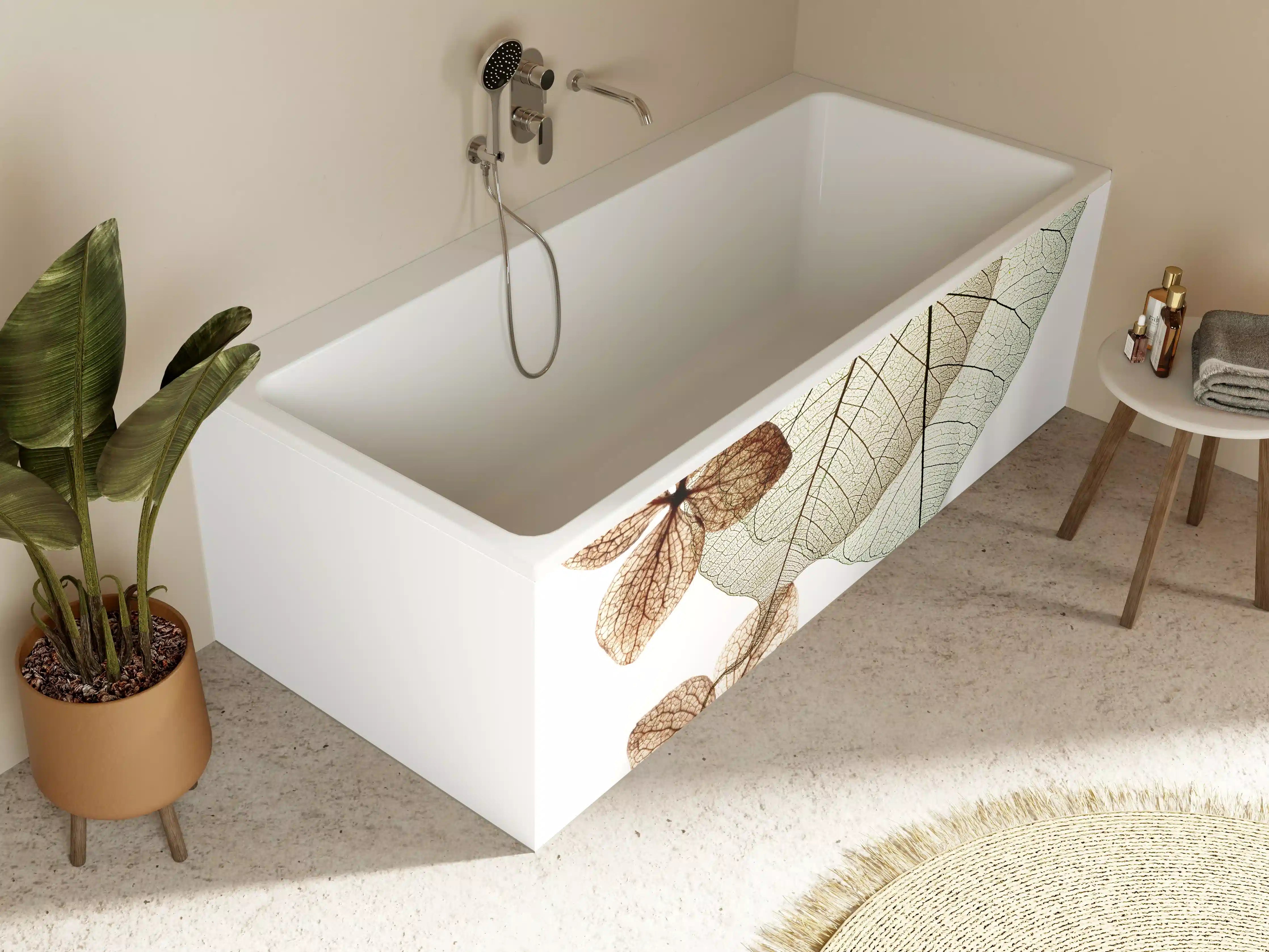 Badewannen-Rückwand - Elegante Blattadern in Weiß-Grau