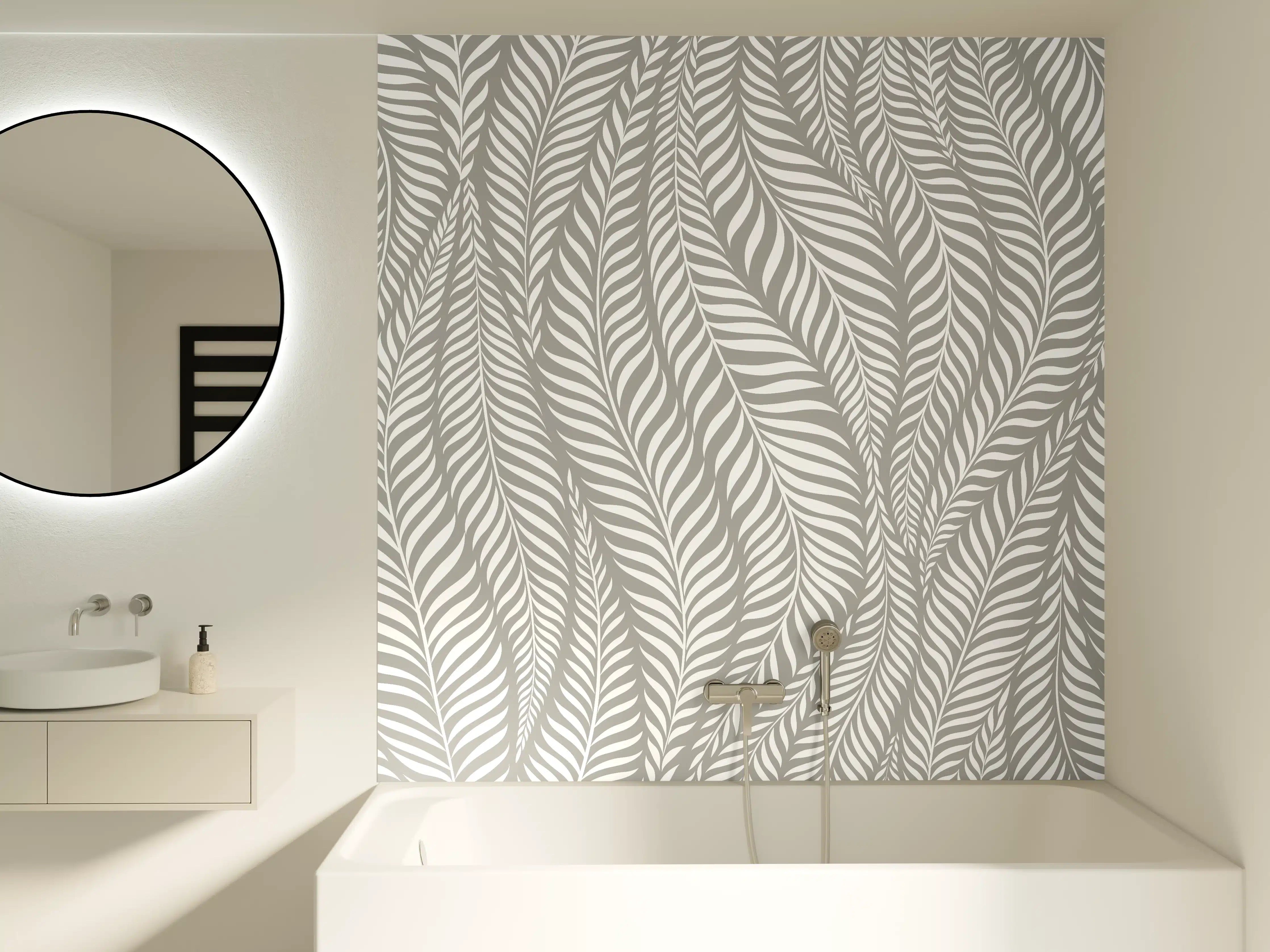 Badewannen-Rückwand - Elegante Blattmuster in Weiß und Grau