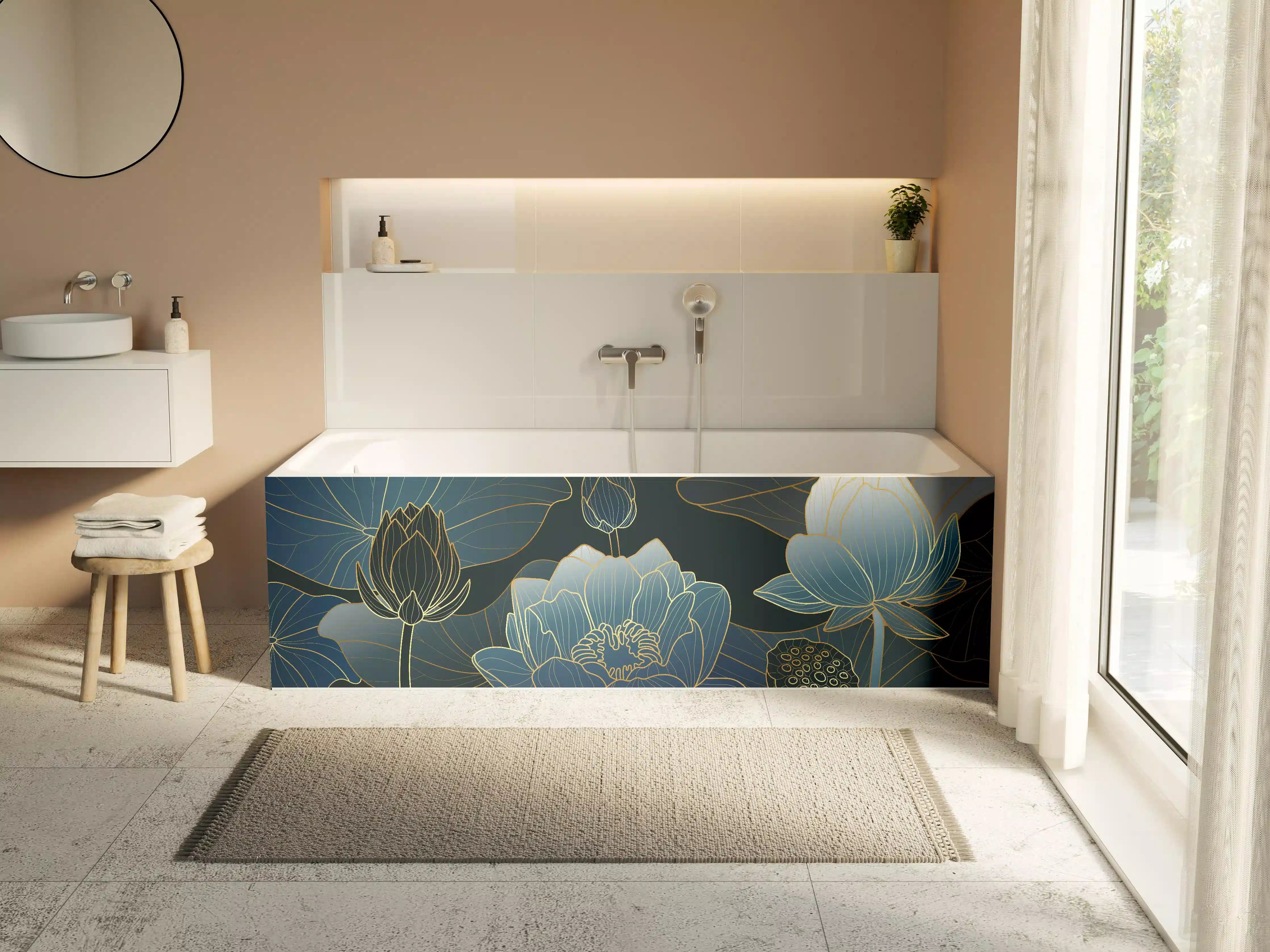 Badewannen-Rückwand - Elegante Blau-Weiße Blumenillustration