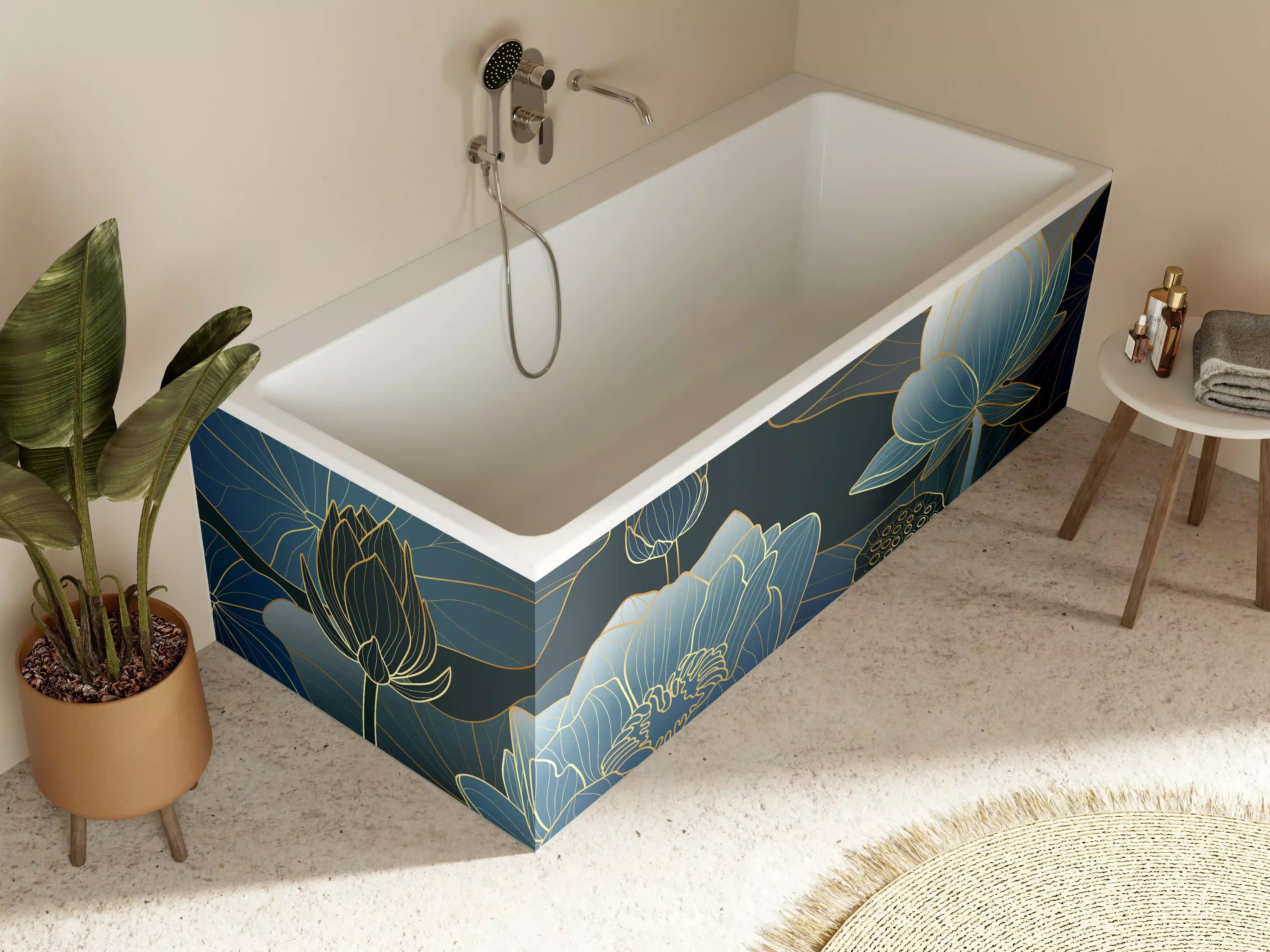 Badewannen-Rückwand - Elegante Blau-Weiße Blumenillustration