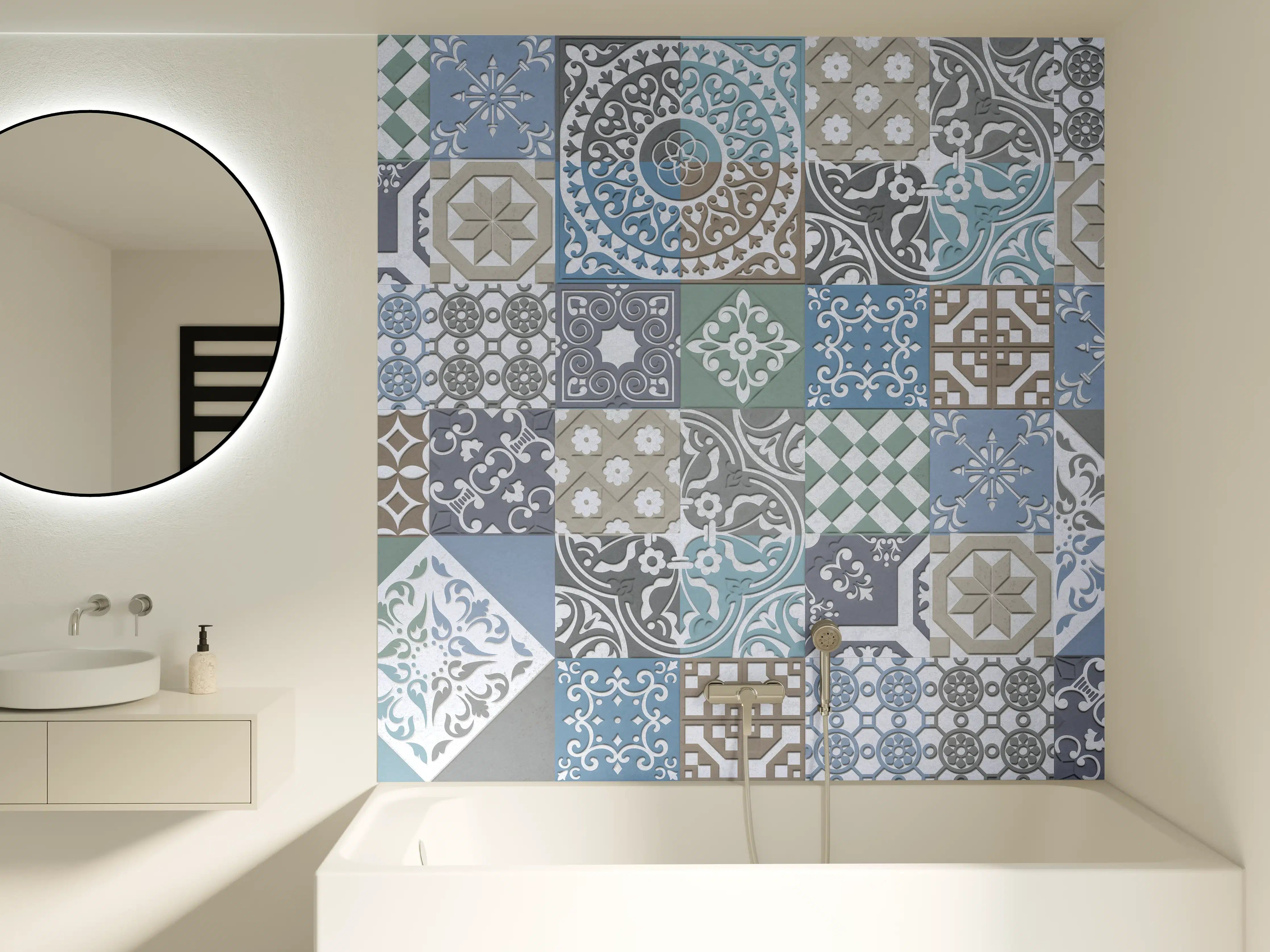 Badewannen-Rückwand - Elegante Blaue und Graue Fliesenmuster