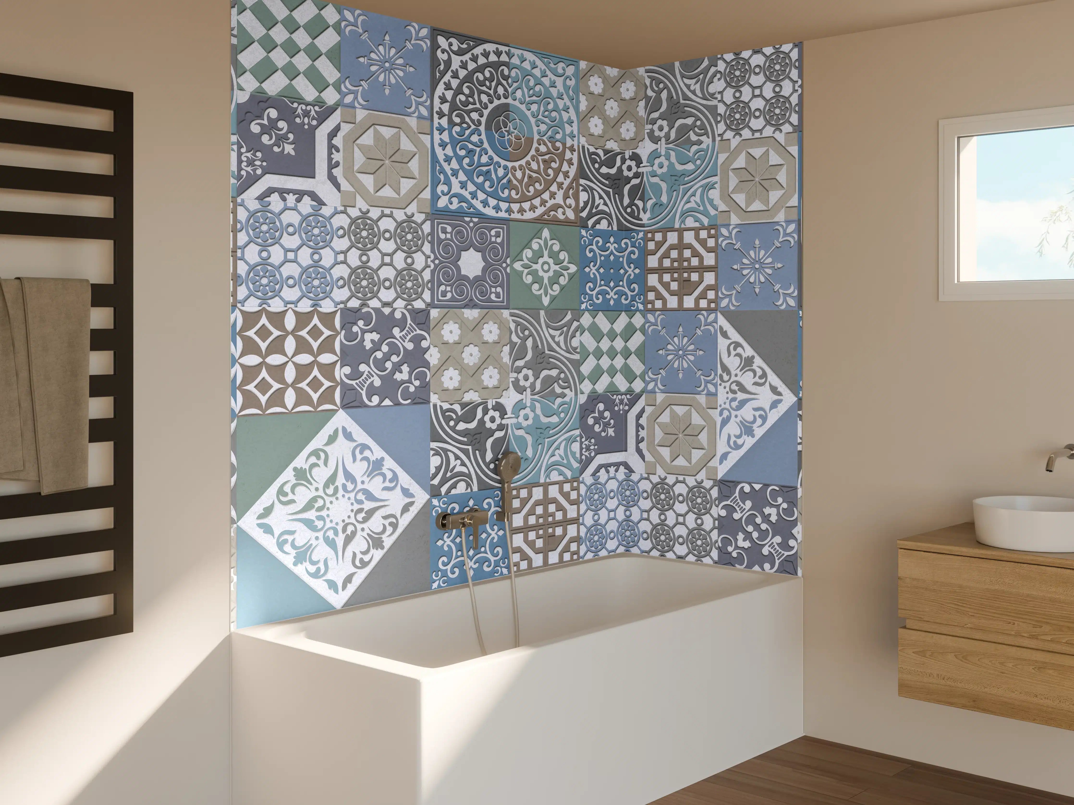 Badewannen-Rückwand - Elegante Blaue und Graue Fliesenmuster