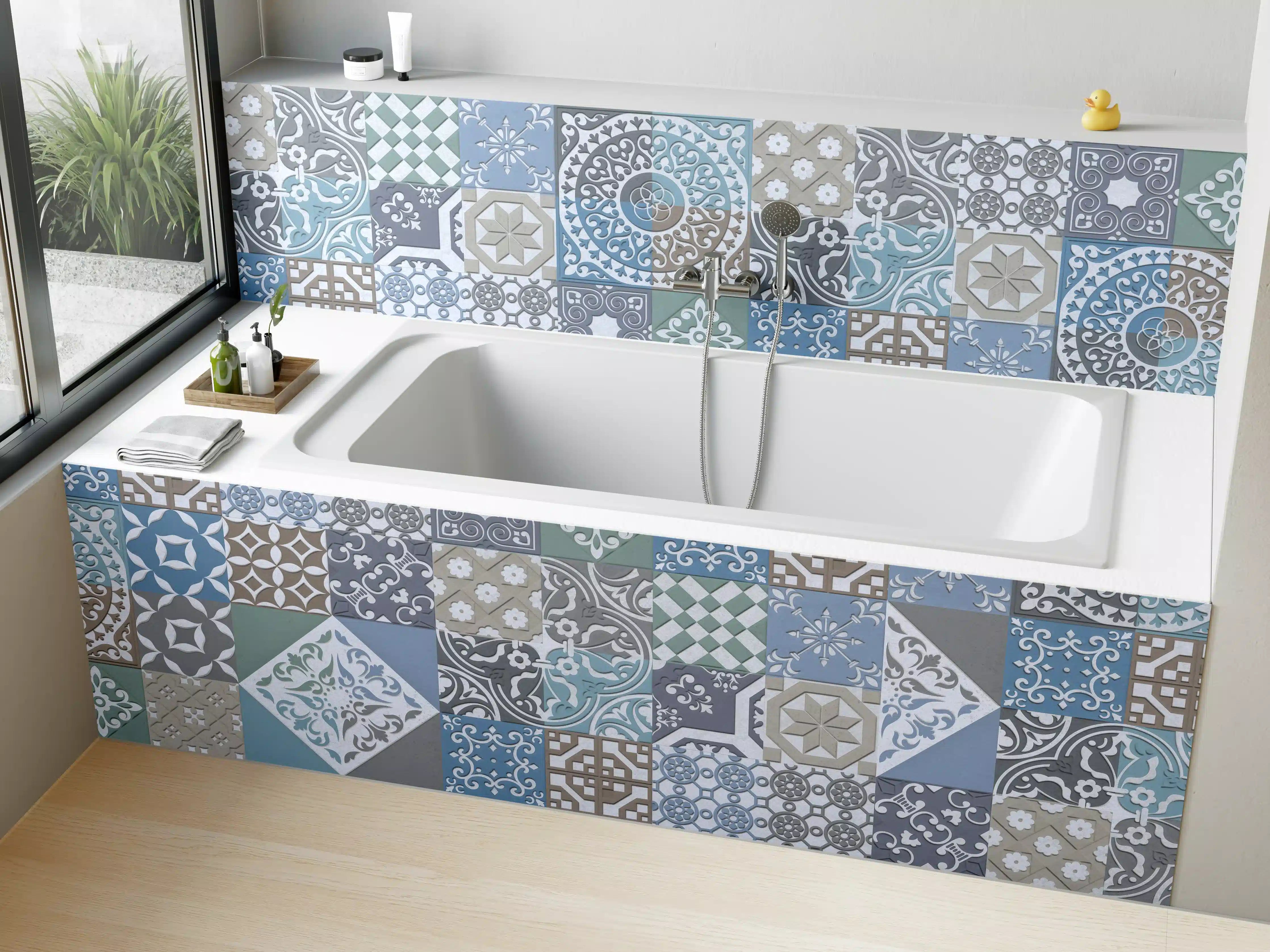 Badewannen-Rückwand - Elegante Blaue und Graue Fliesenmuster