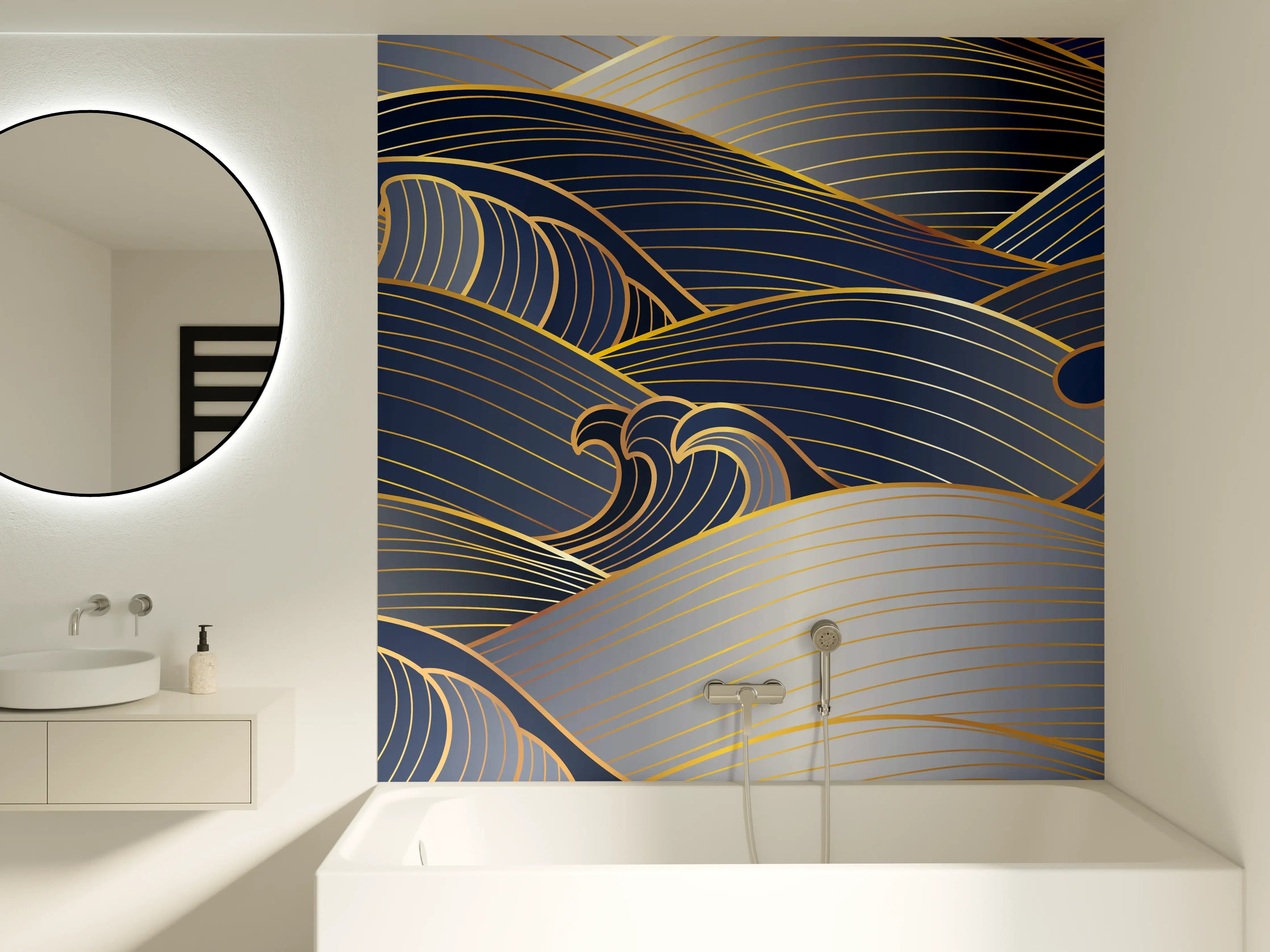 Badewannen-Rückwand - Elegante Gold-Blau Wellentextur