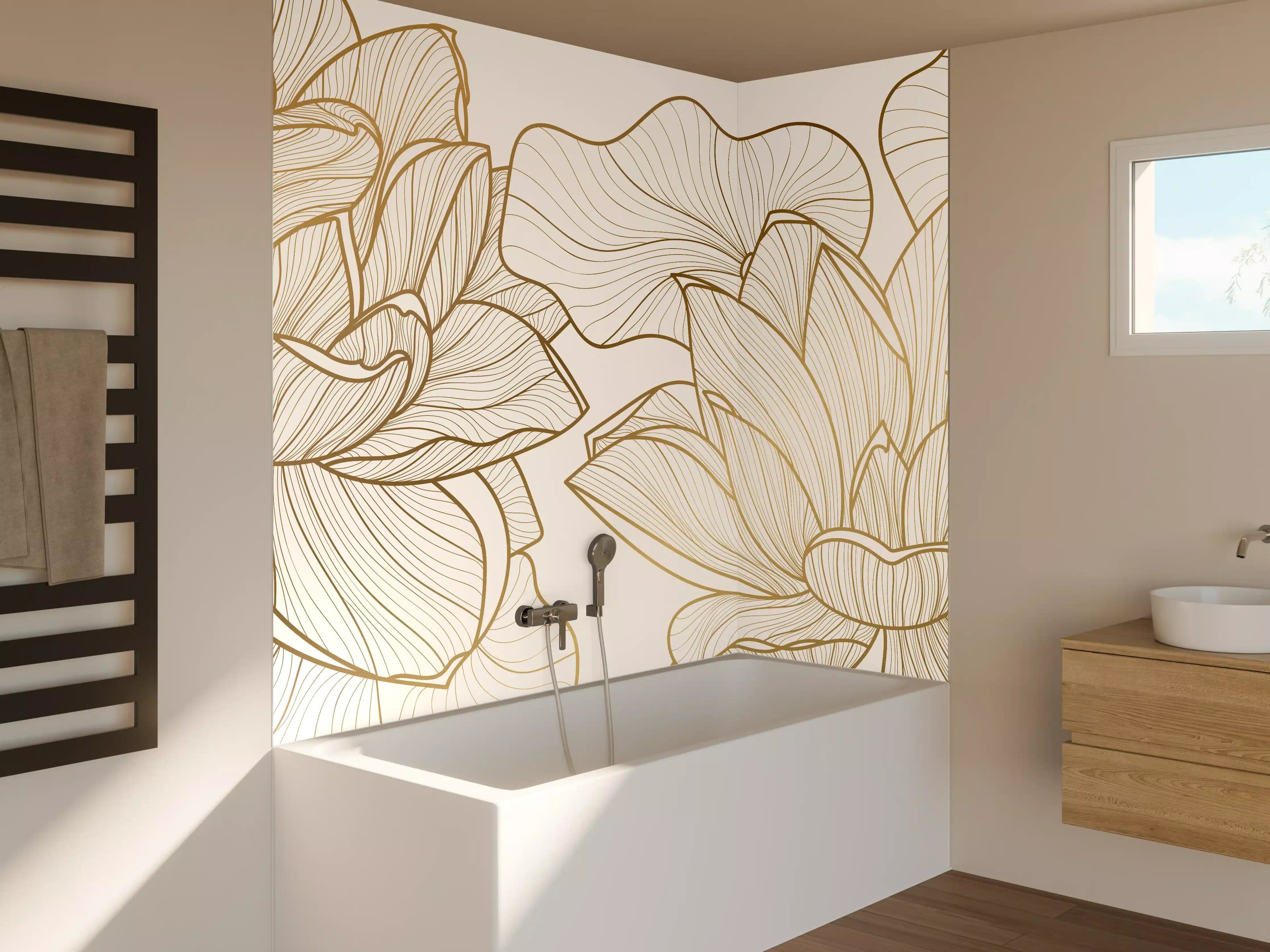 Badewannen-Rückwand - Elegante Goldlinien der Blumenillustration