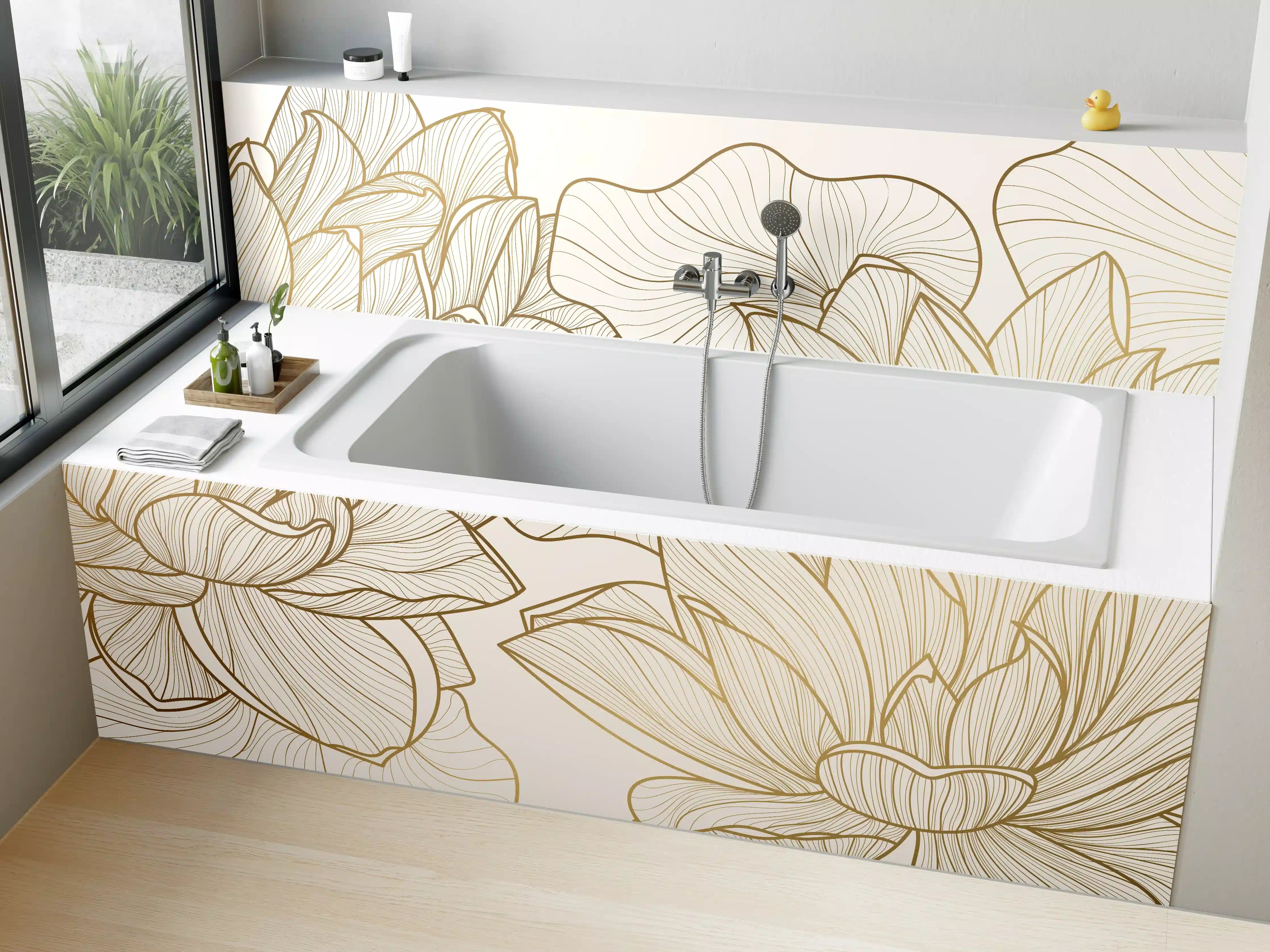 Badewannen-Rückwand - Elegante Goldlinien der Blumenillustration