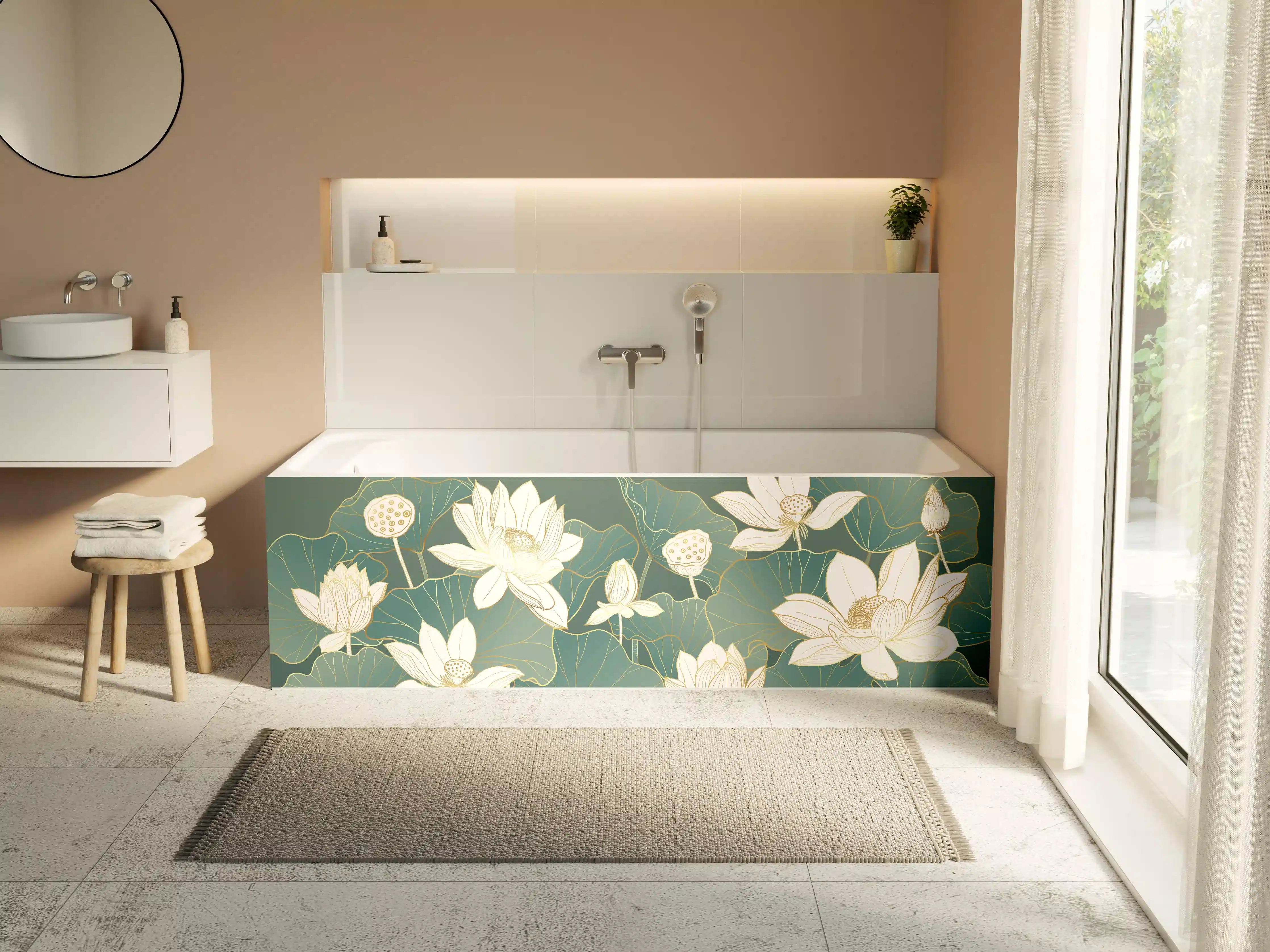 Badewannen-Rückwand - Elegante Lotusblüte in Grün und Weiß