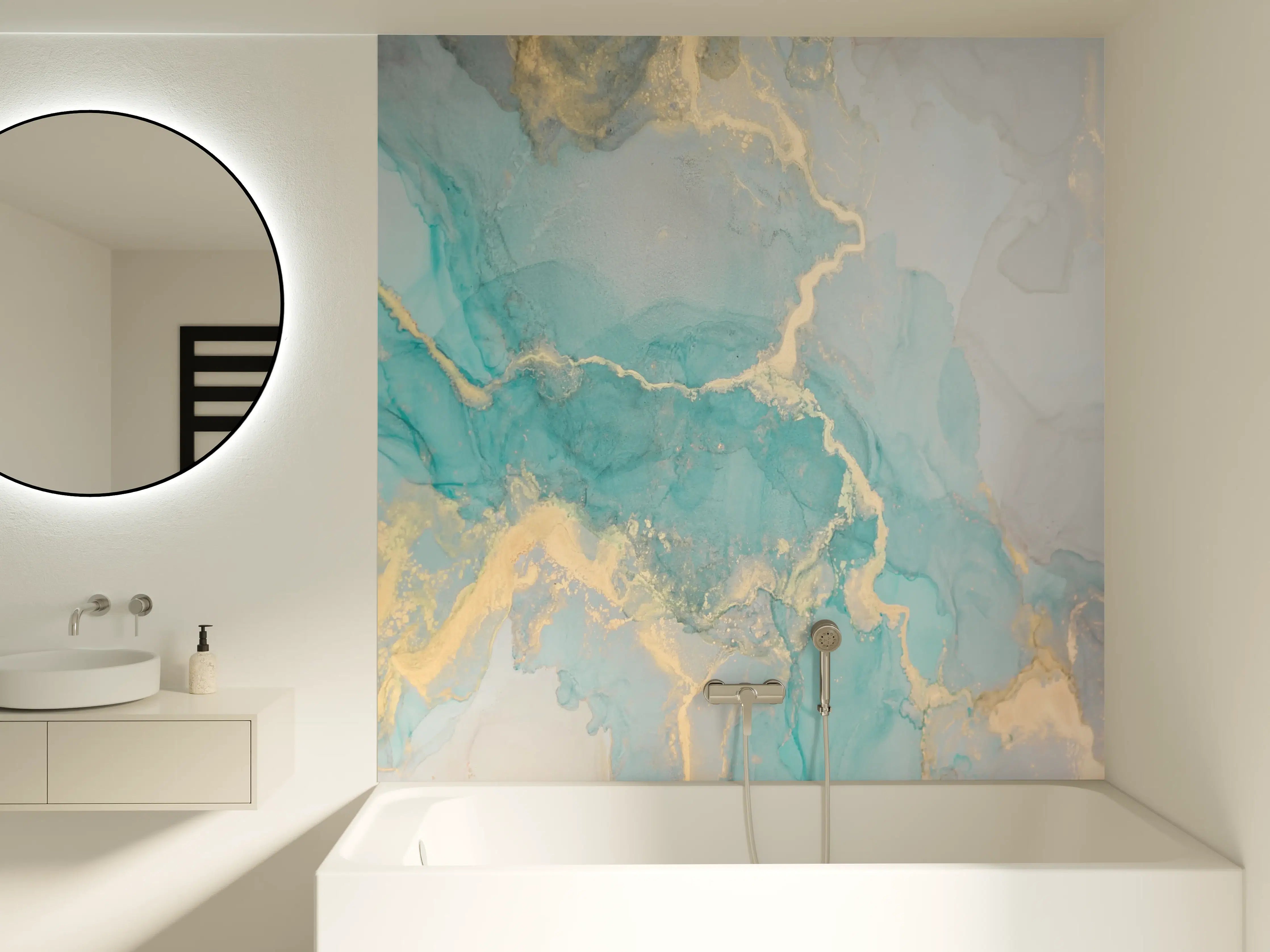 Badewannen-Rückwand - Elegante Marmor-Textur in Blau und Gold