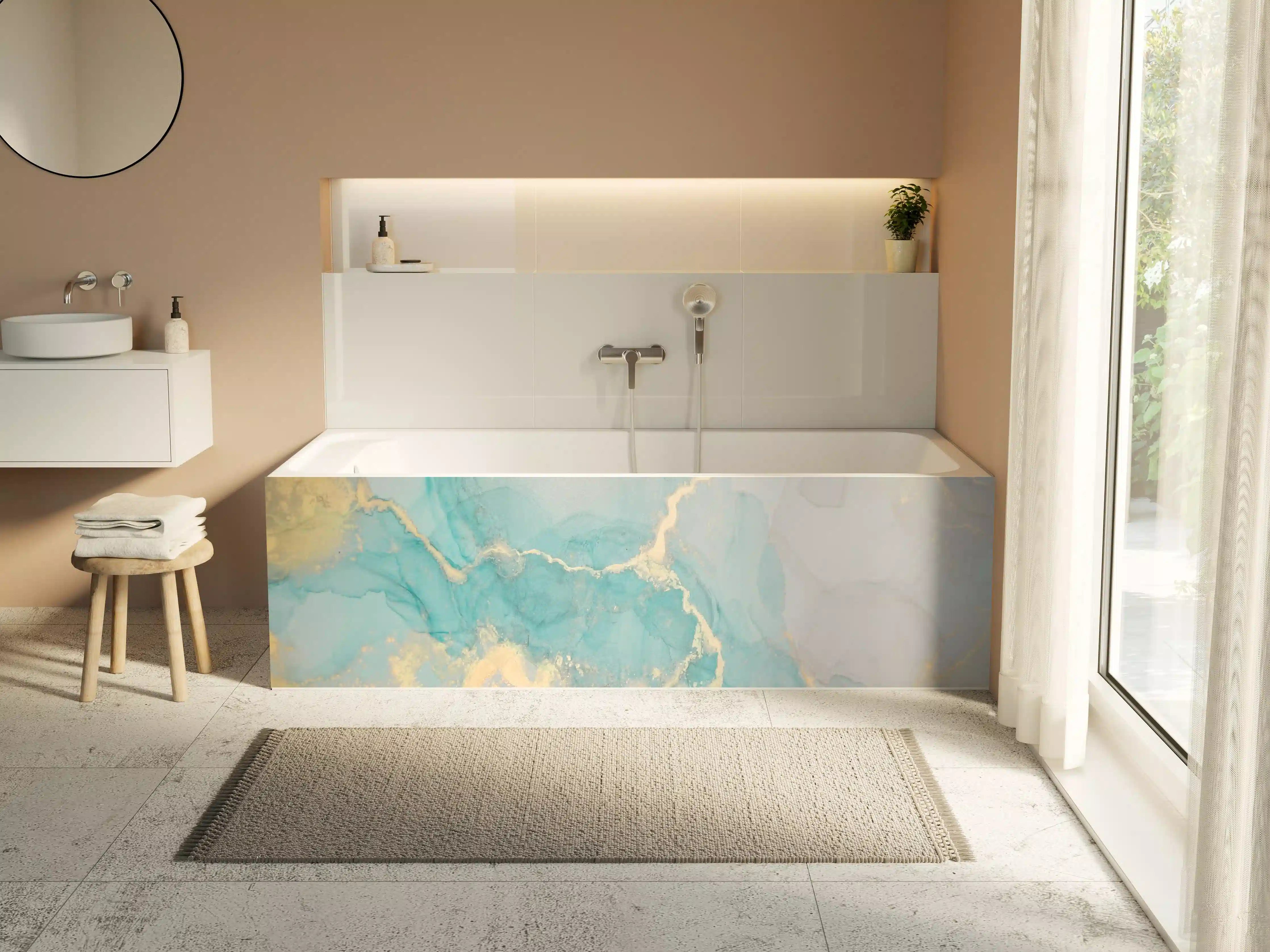 Badewannen-Rückwand - Elegante Marmor-Textur in Blau und Gold