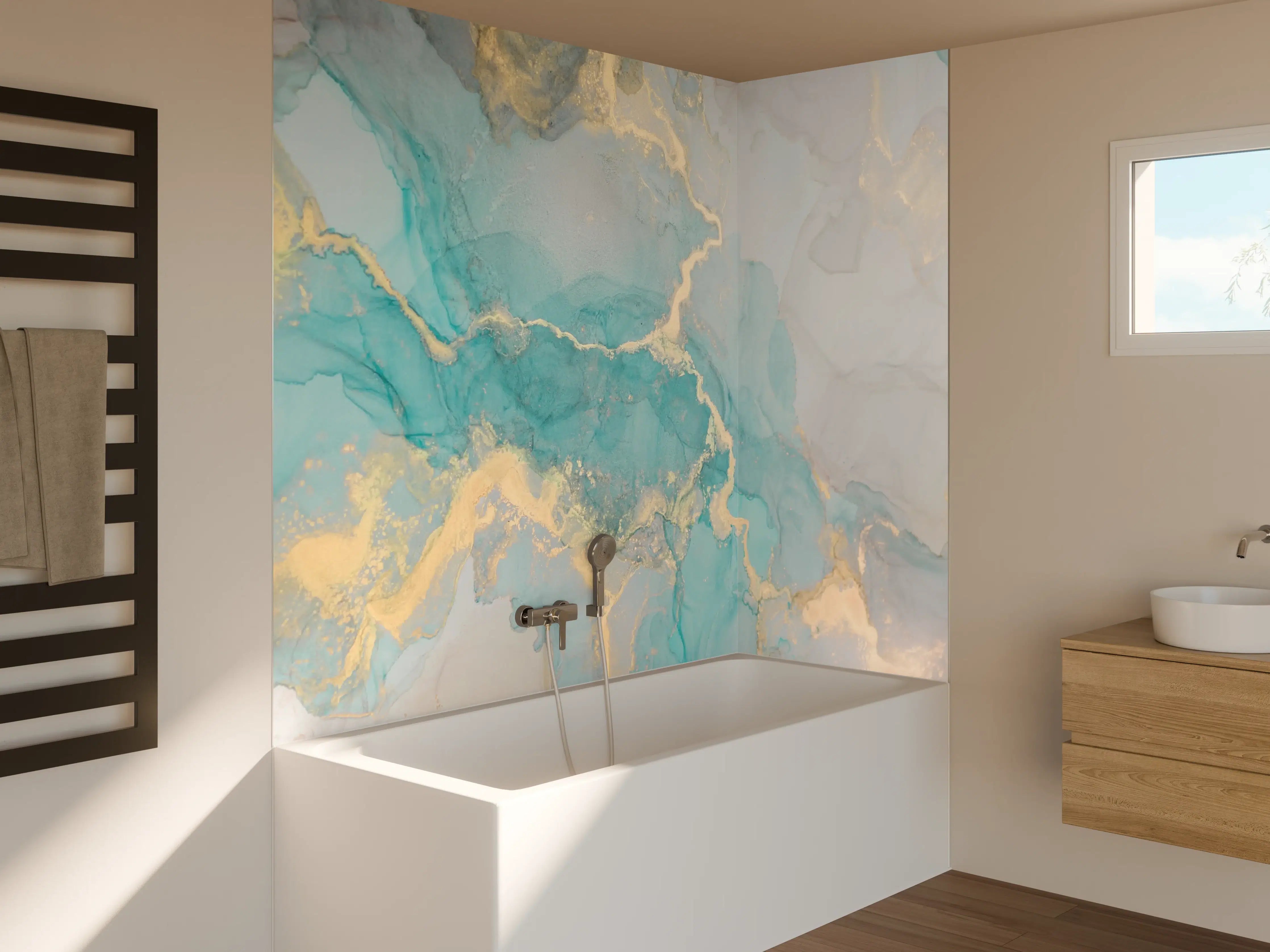 Badewannen-Rückwand - Elegante Marmor-Textur in Blau und Gold