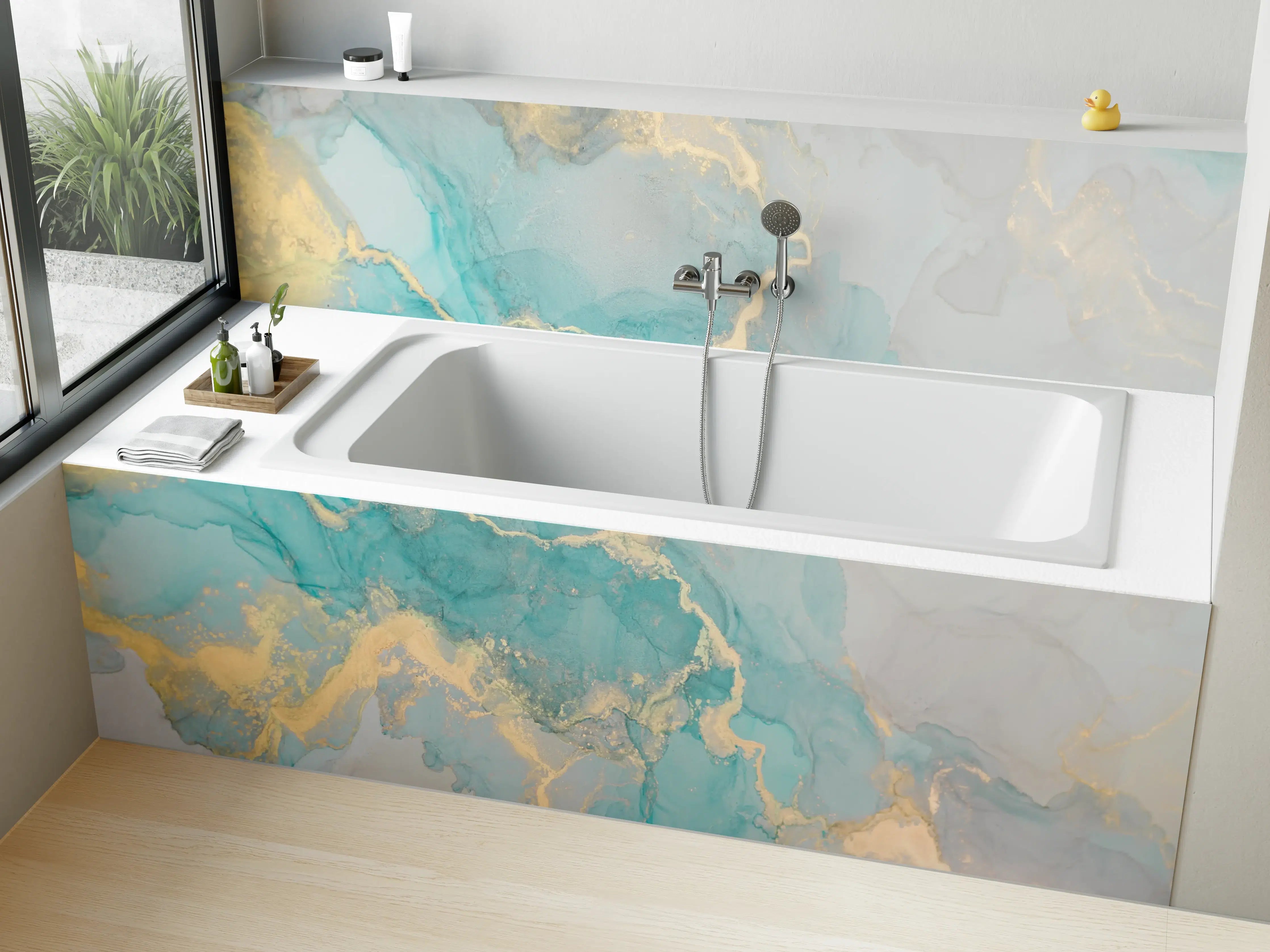 Badewannen-Rückwand - Elegante Marmor-Textur in Blau und Gold