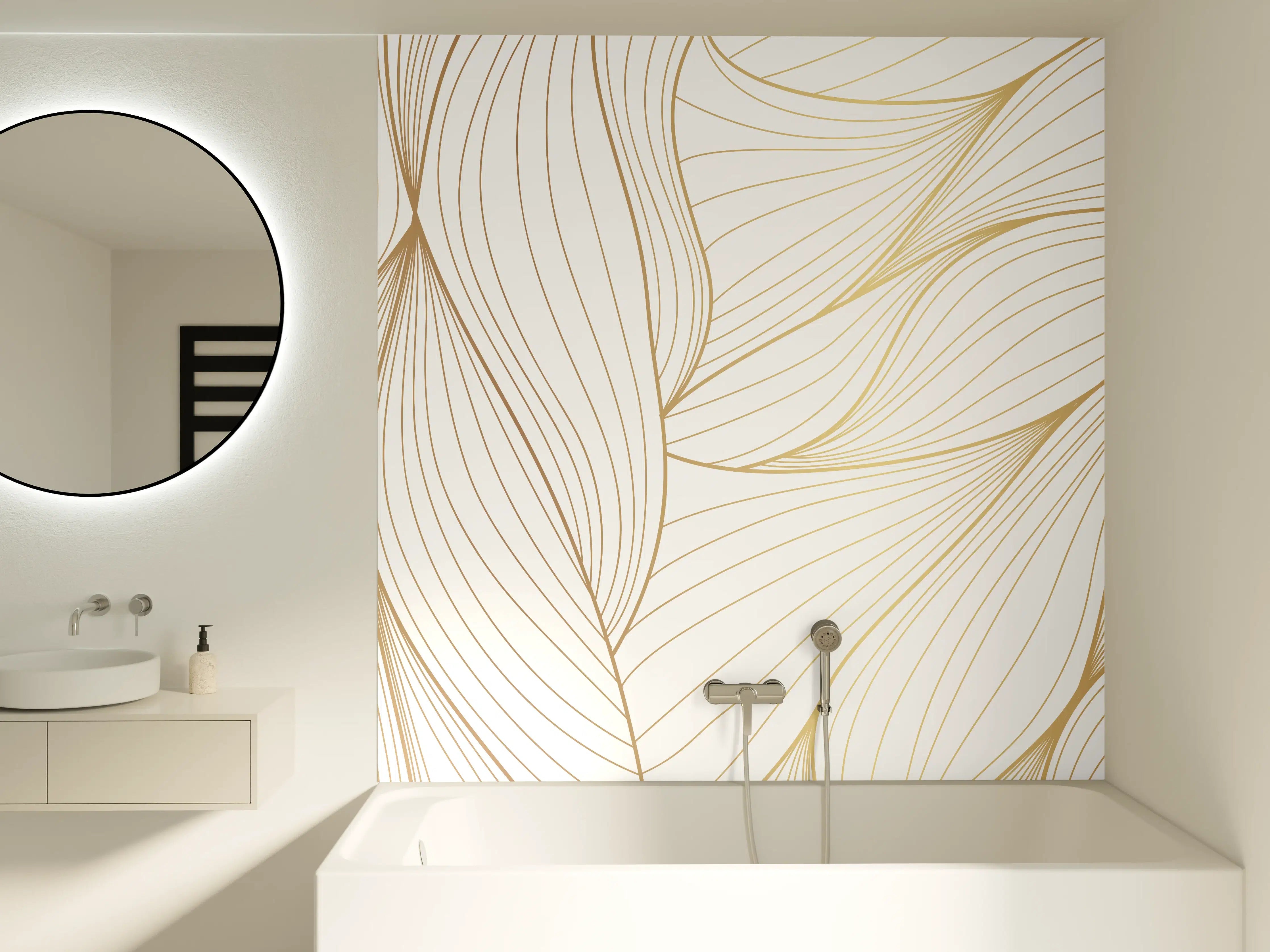 Badewannen-Rückwand - Elegante Weiß-Beige Wellenlinien