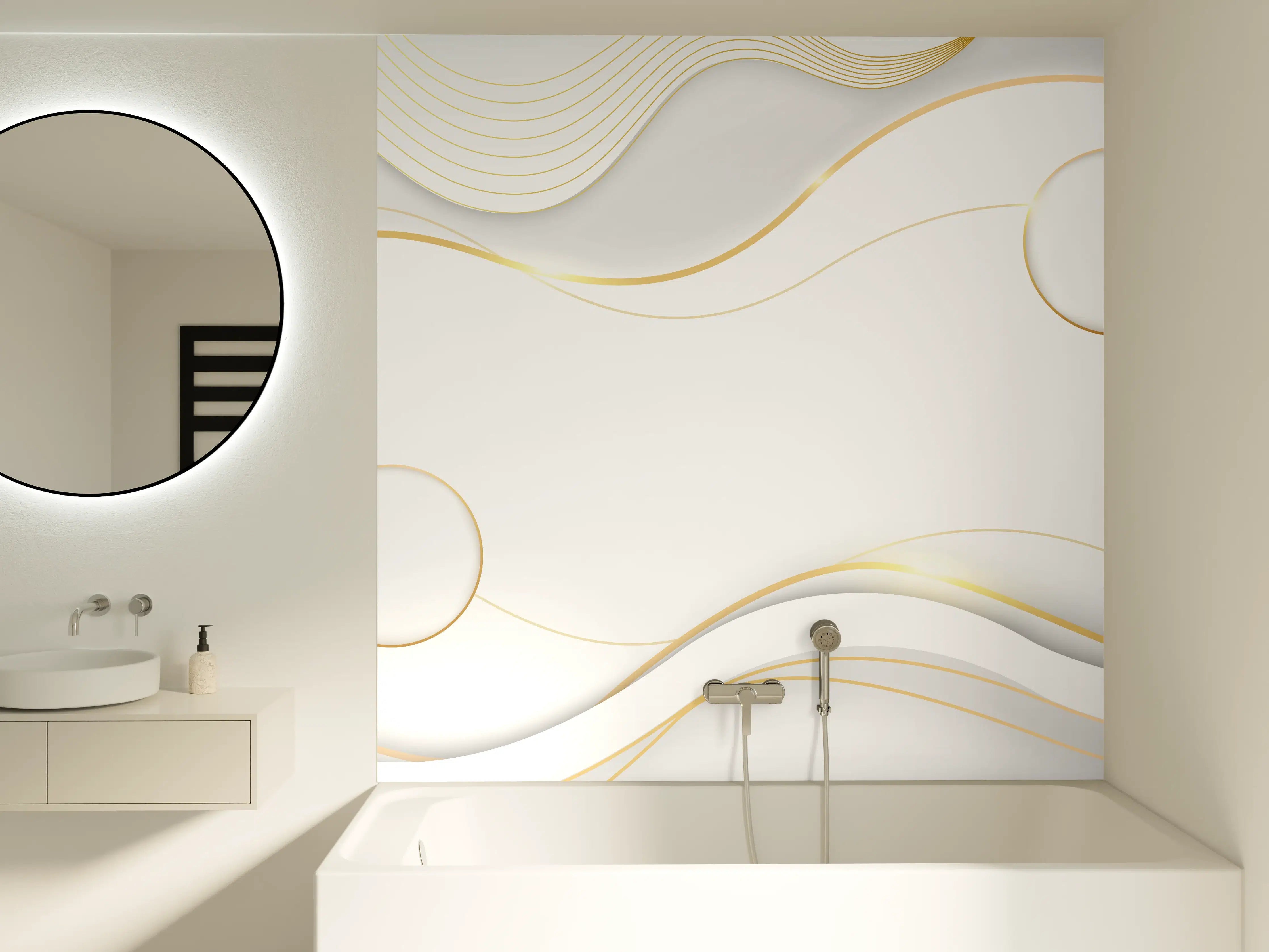 Badewannen-Rückwand - Elegante Weiß-Gold Wellen-Design