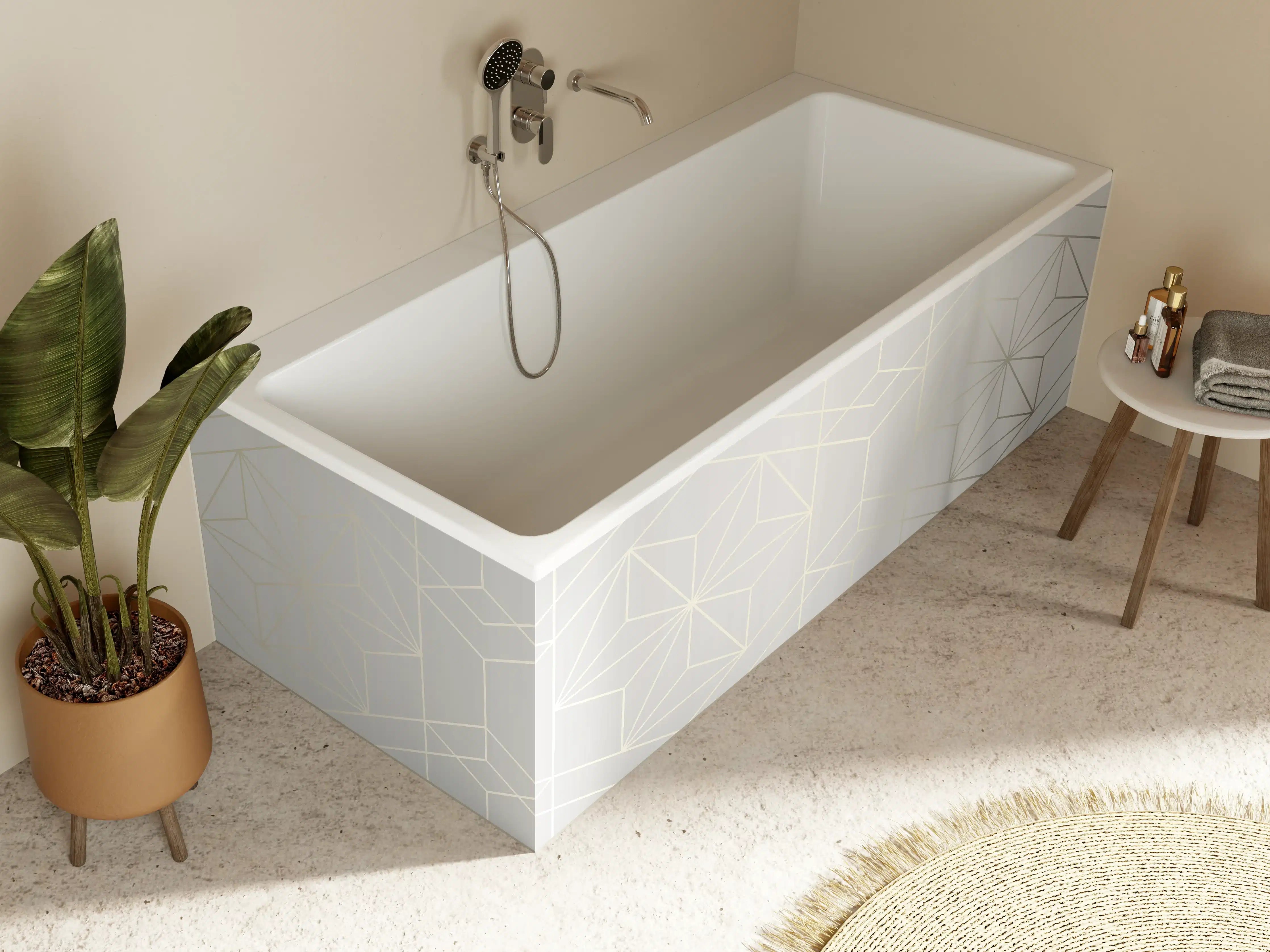 Badewannen-Rückwand - Elegante Weiß-Grau-Geometrie