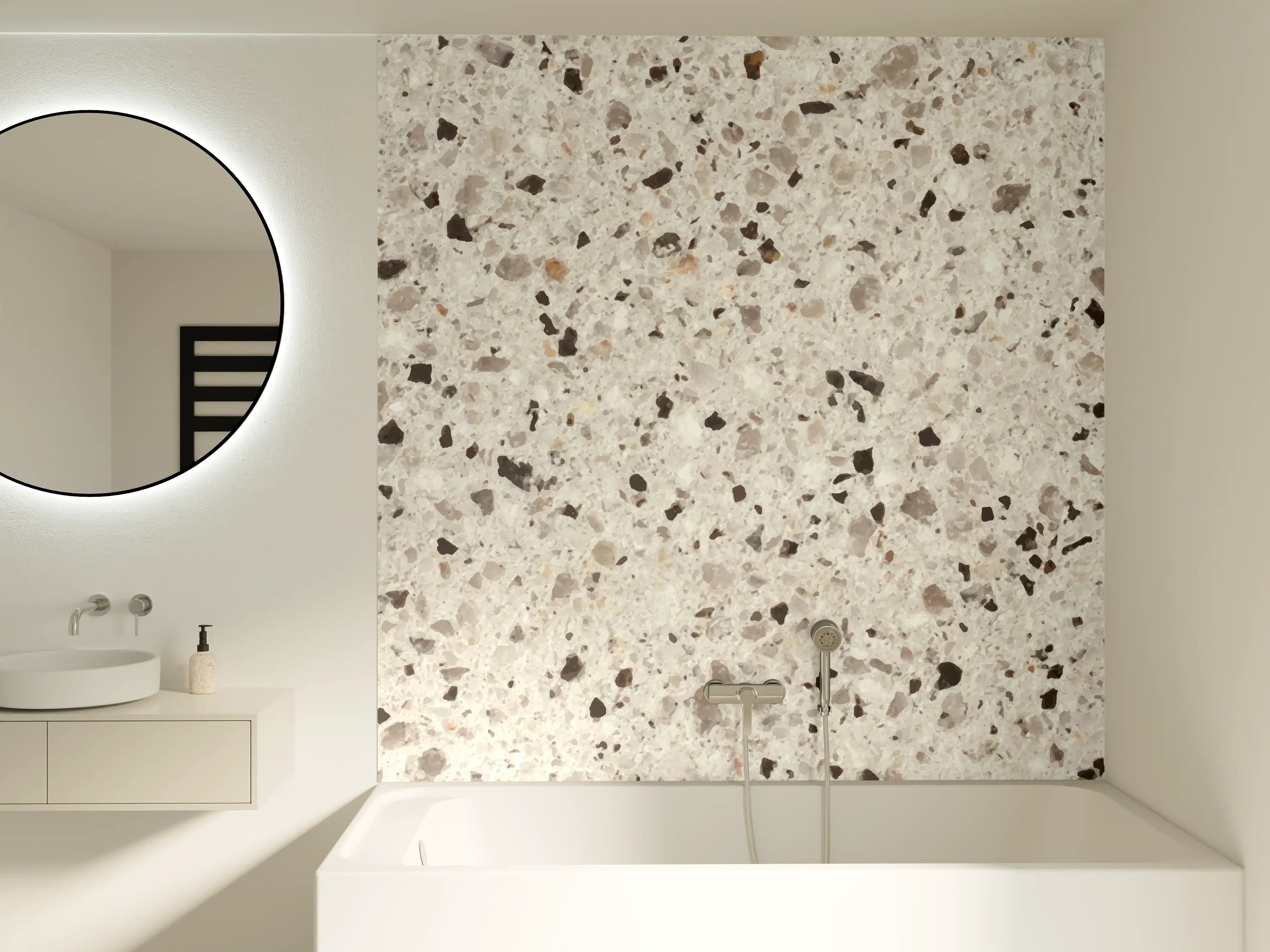 Badewannen-Rückwand - Elegante Weiß-Grau Terrazzo-Optik