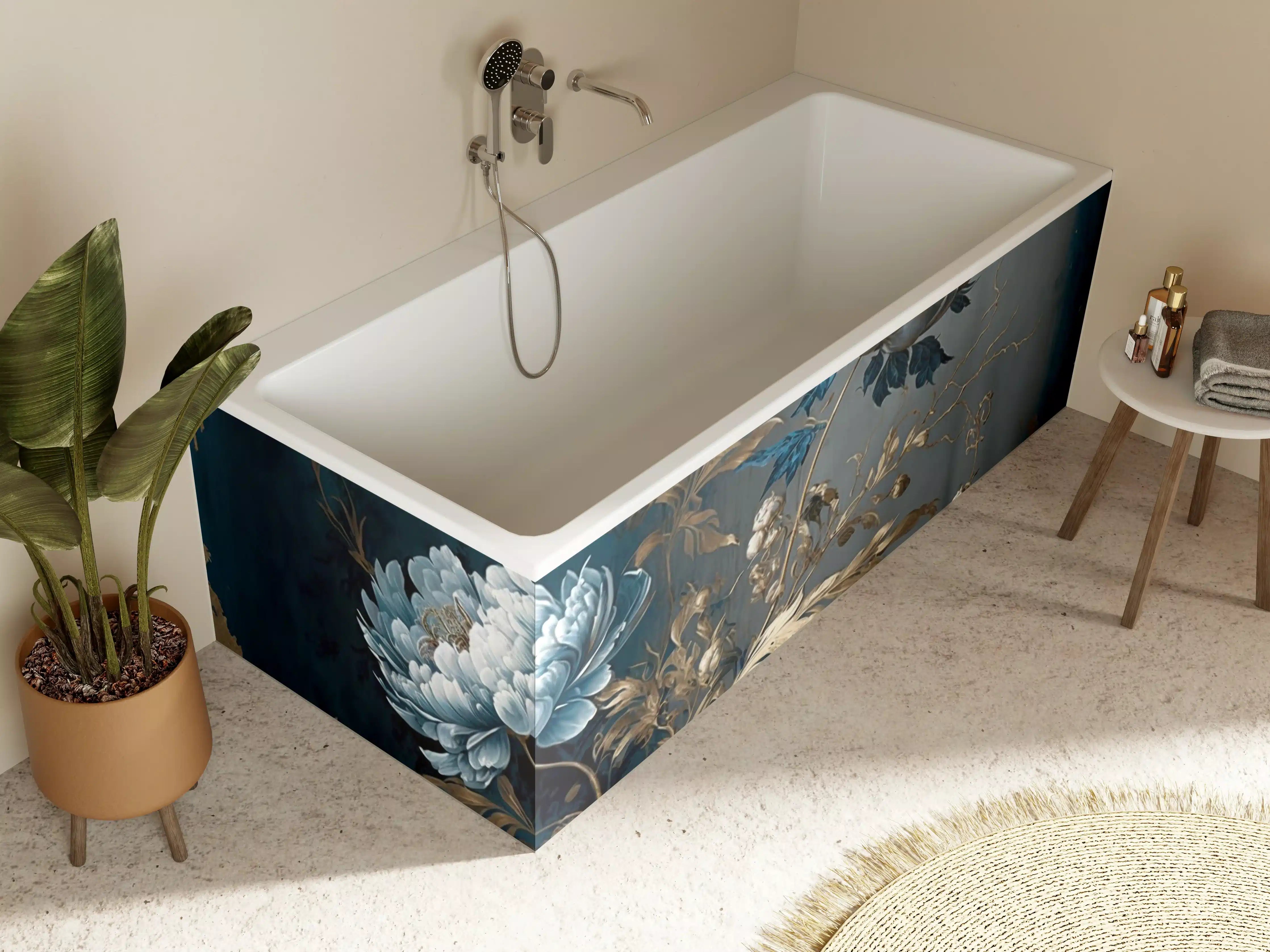 Badewannen-Rückwand - Elegante blauen Blumen mit goldenen Akzenten