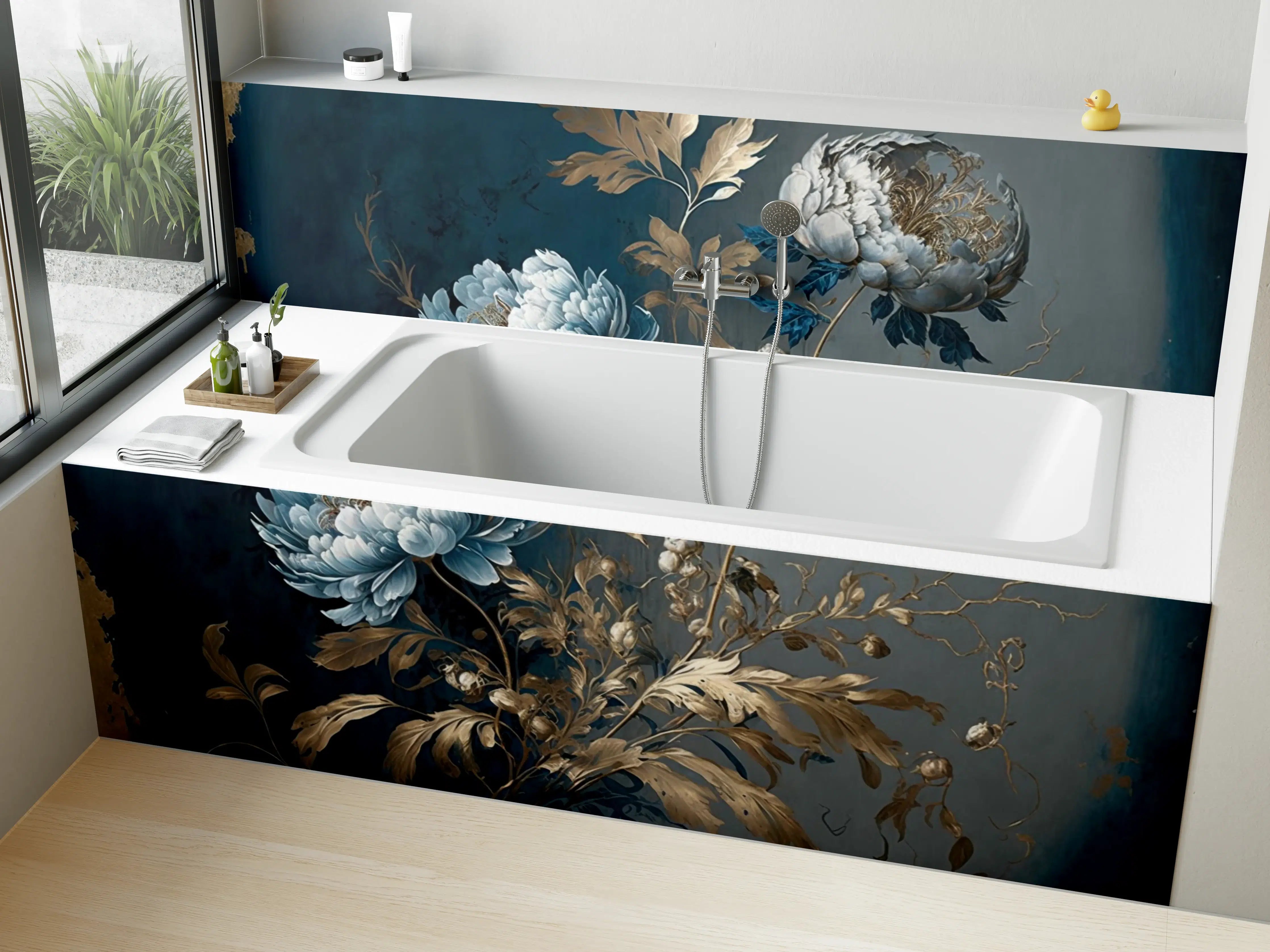 Badewannen-Rückwand - Elegante blauen Blumen mit goldenen Akzenten