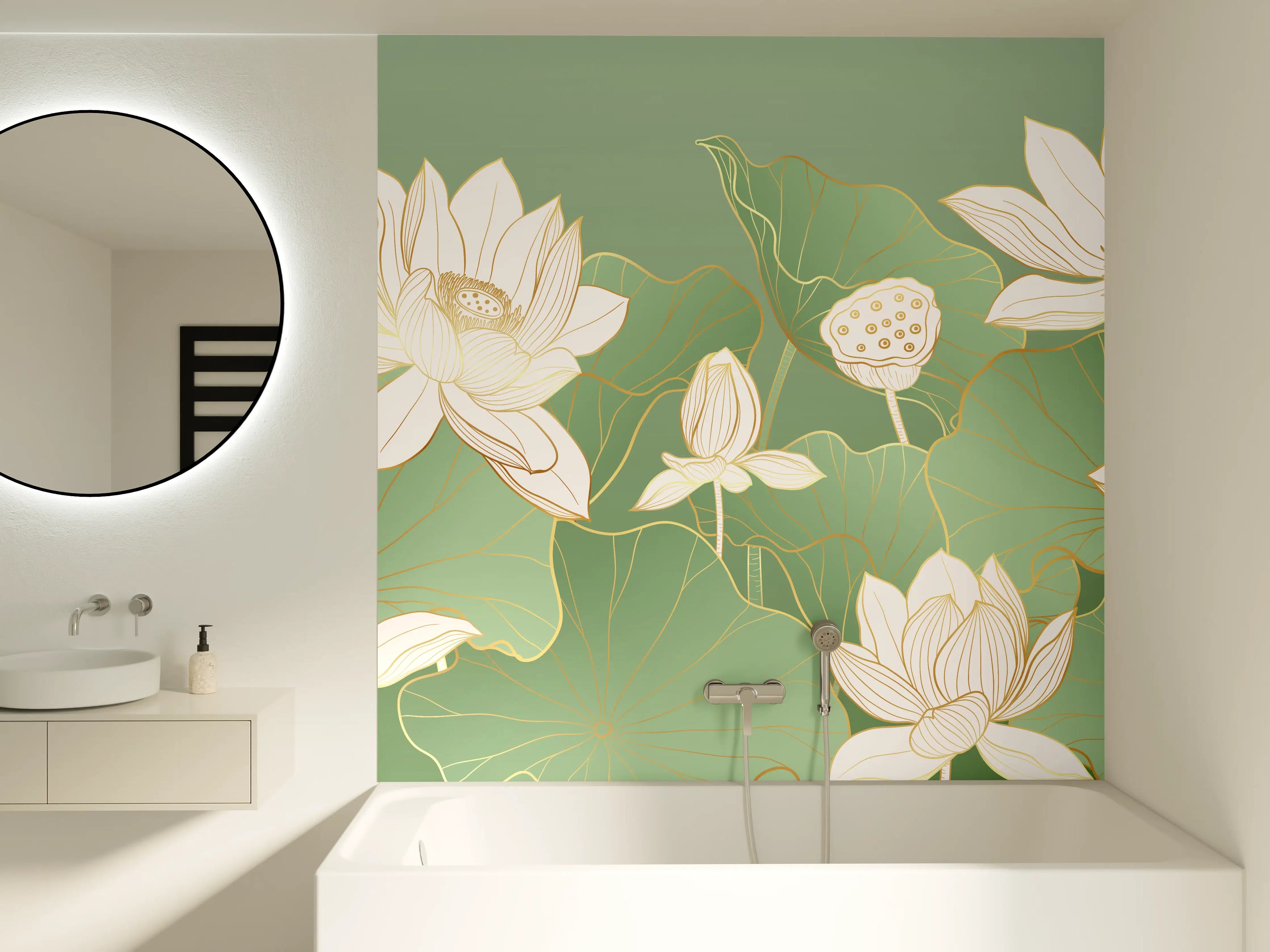 Badewannen-Rückwand - Elegante weiße Lotusblumen auf grünen Wasserlilienblättern