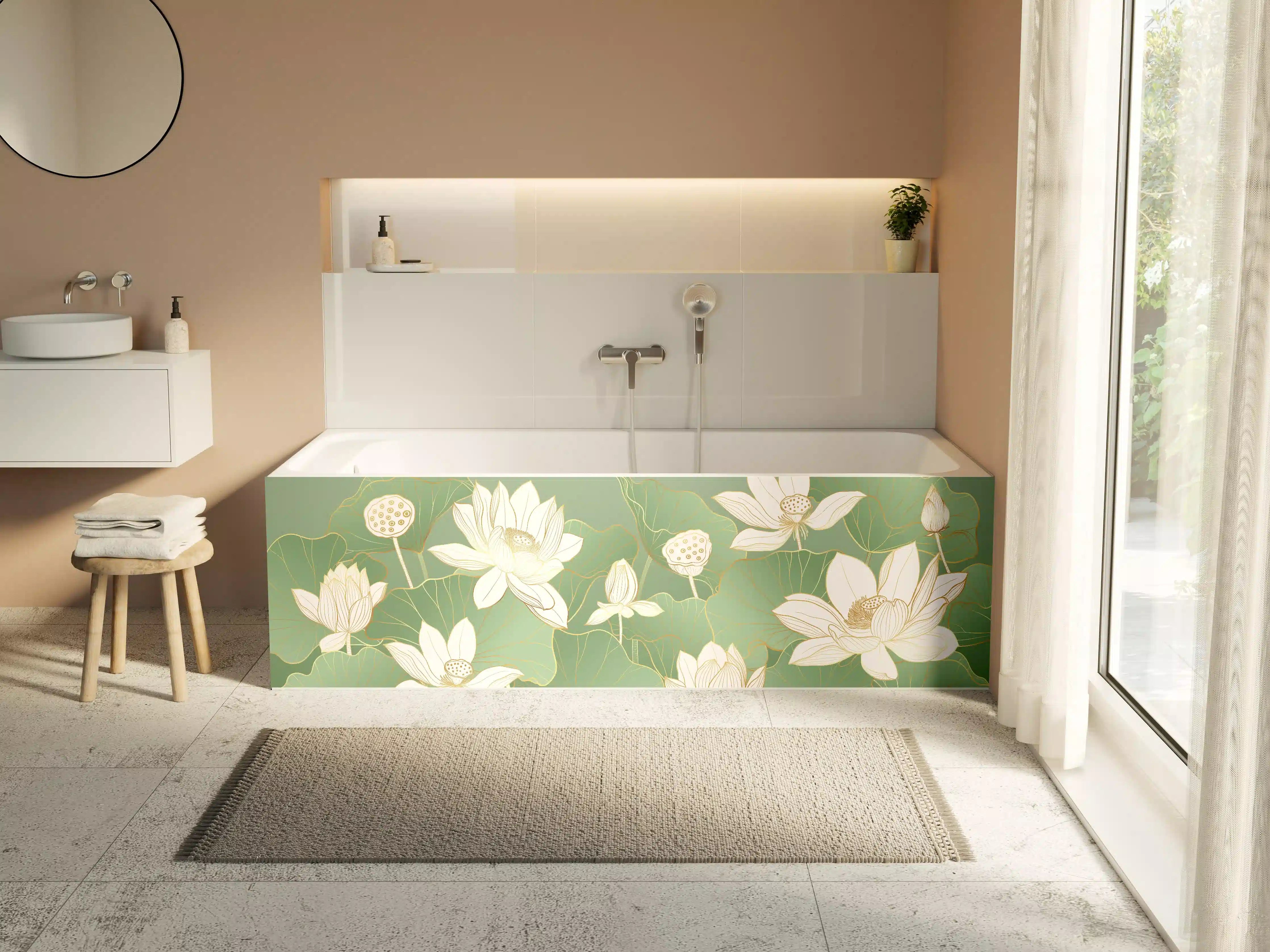 Badewannen-Rückwand - Elegante weiße Lotusblumen auf grünen Wasserlilienblättern