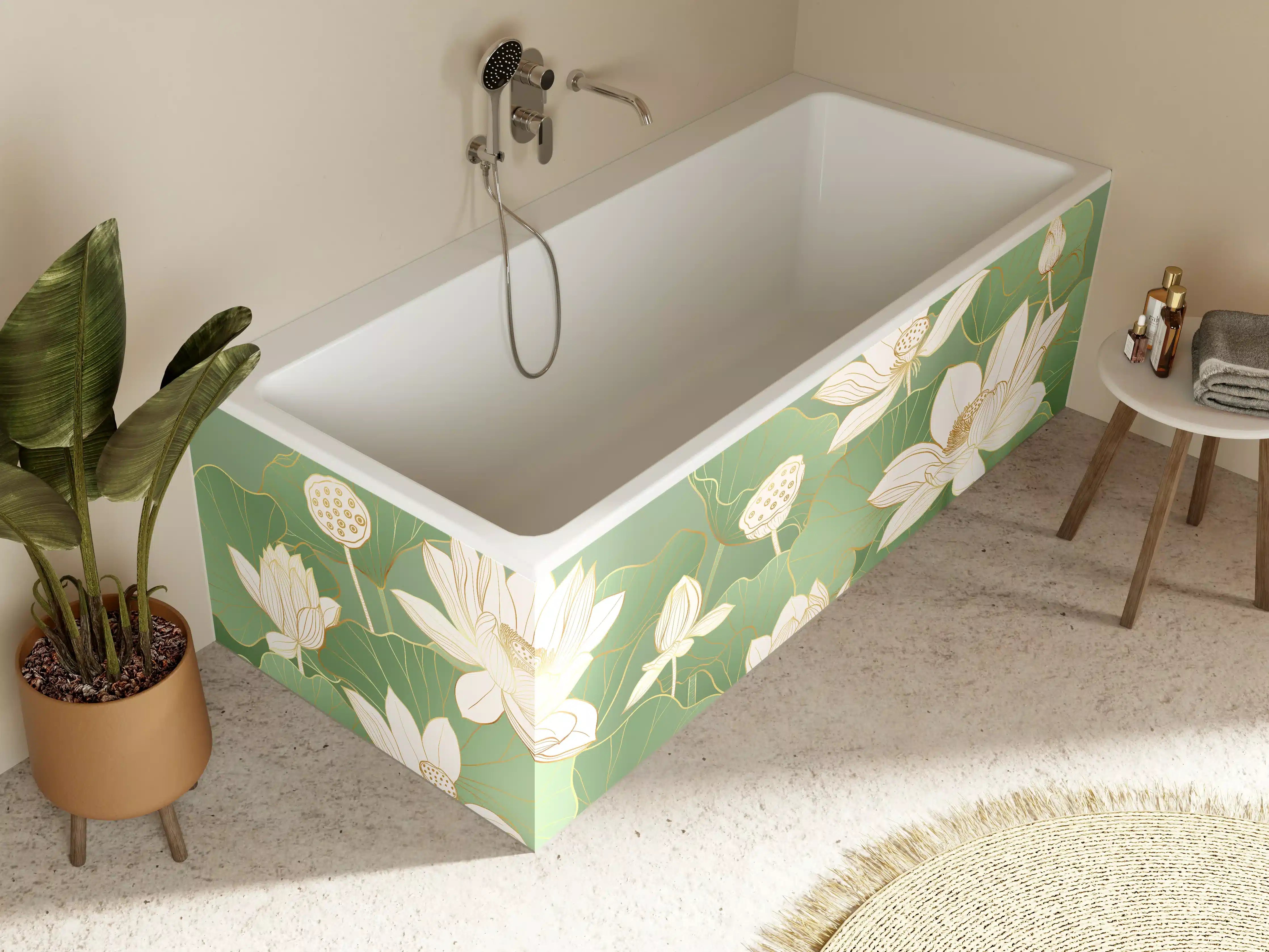 Badewannen-Rückwand - Elegante weiße Lotusblumen auf grünen Wasserlilienblättern