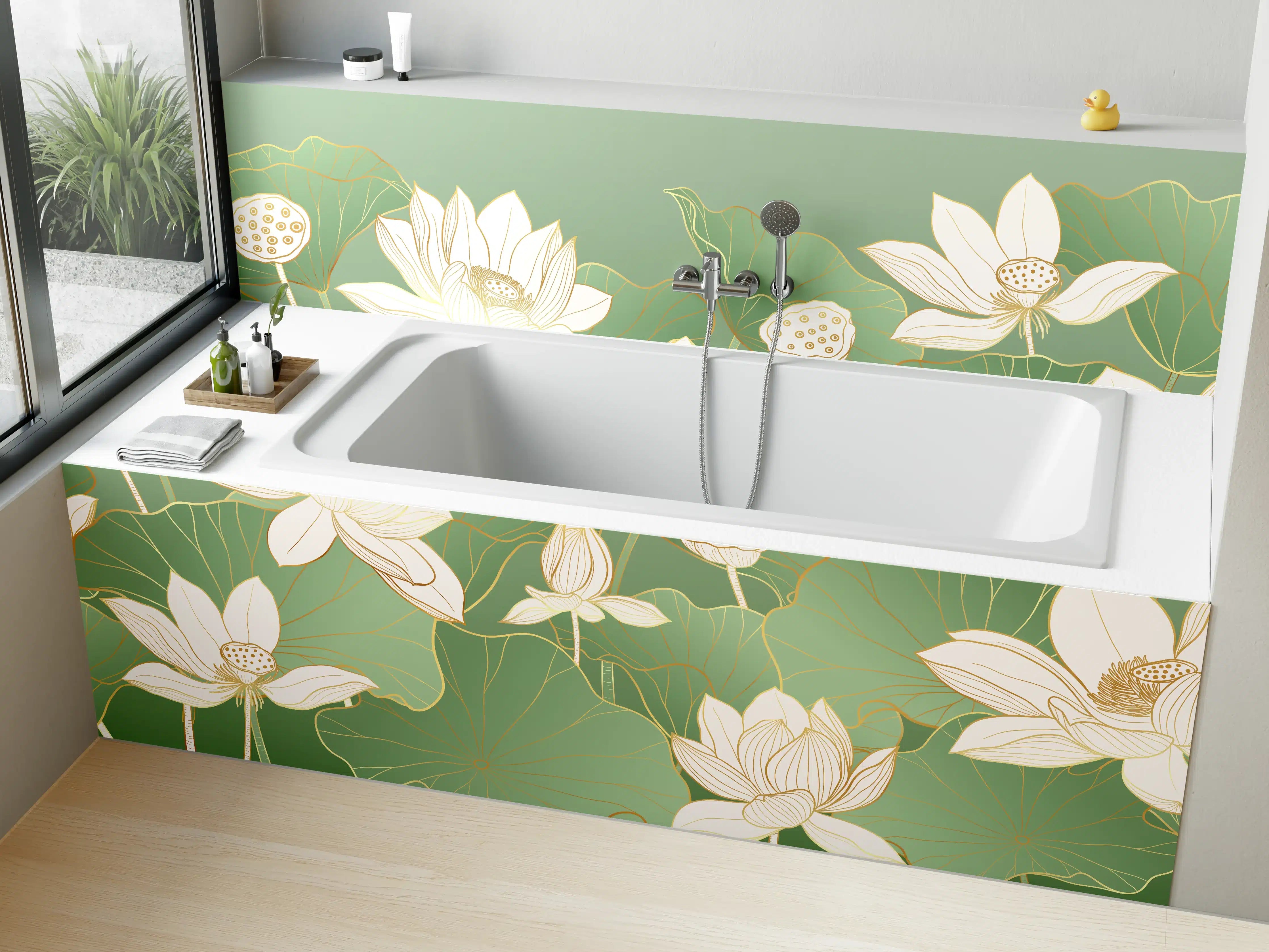 Badewannen-Rückwand - Elegante weiße Lotusblumen auf grünen Wasserlilienblättern