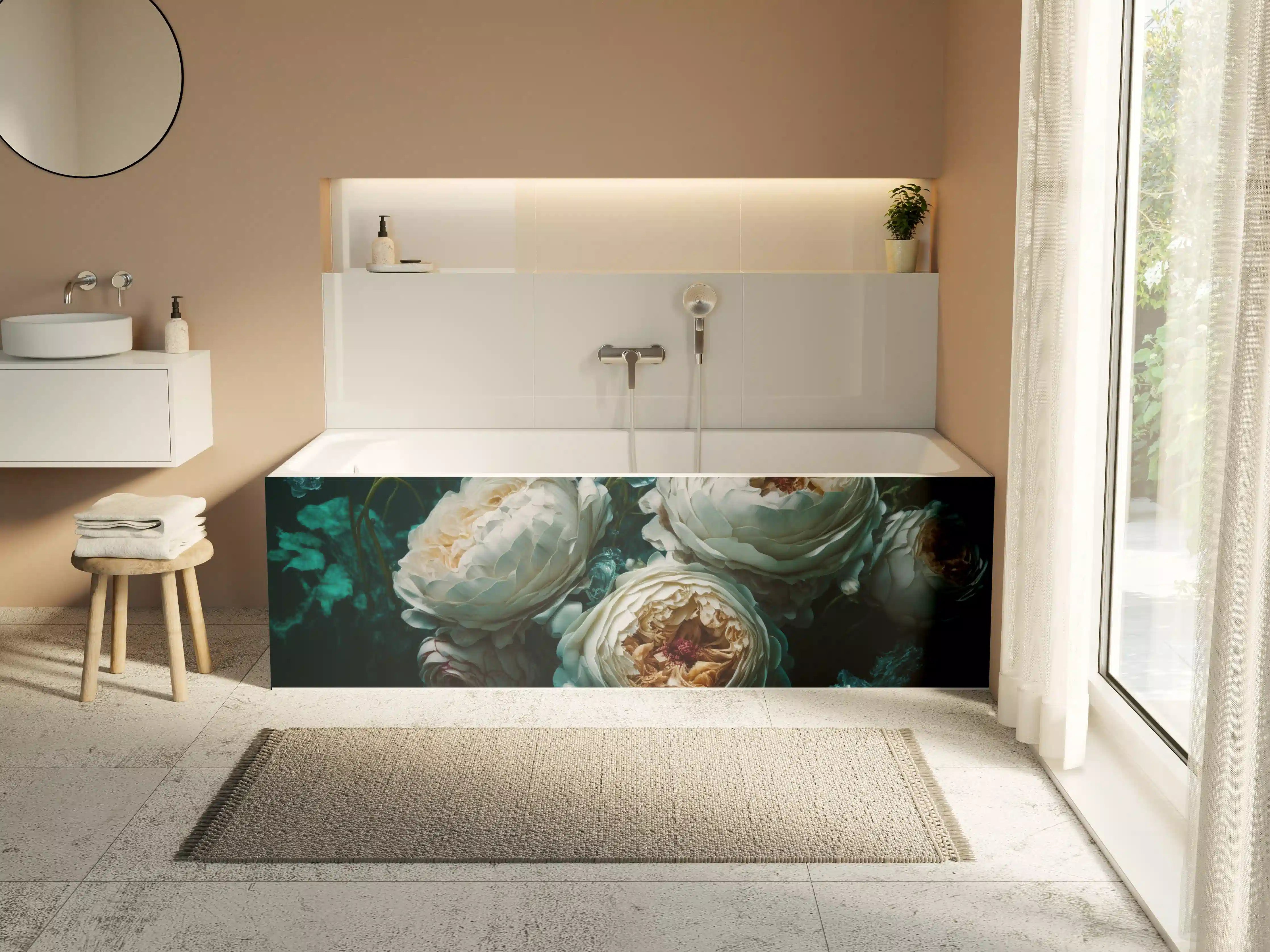 Badewannen-Rückwand - Elegante weiße Pfingstrosen in dunkler Atmosphäre