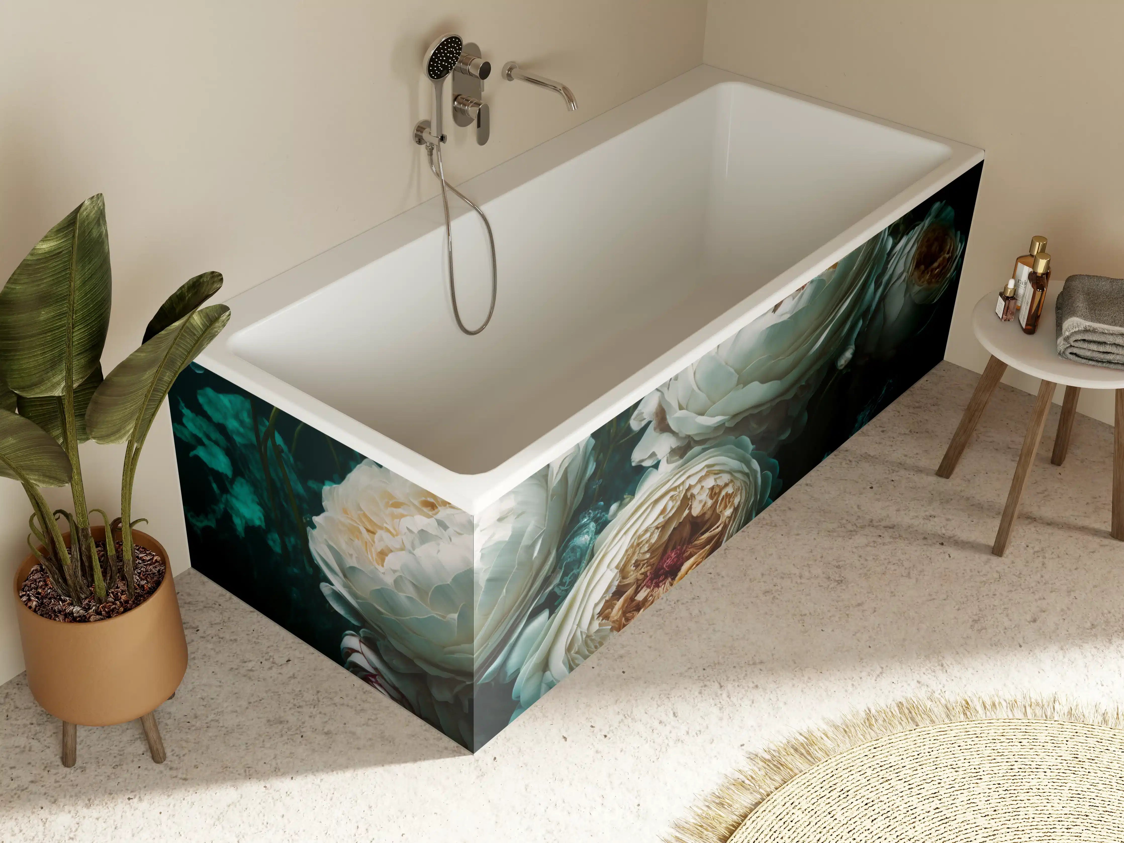 Badewannen-Rückwand - Elegante weiße Pfingstrosen in dunkler Atmosphäre