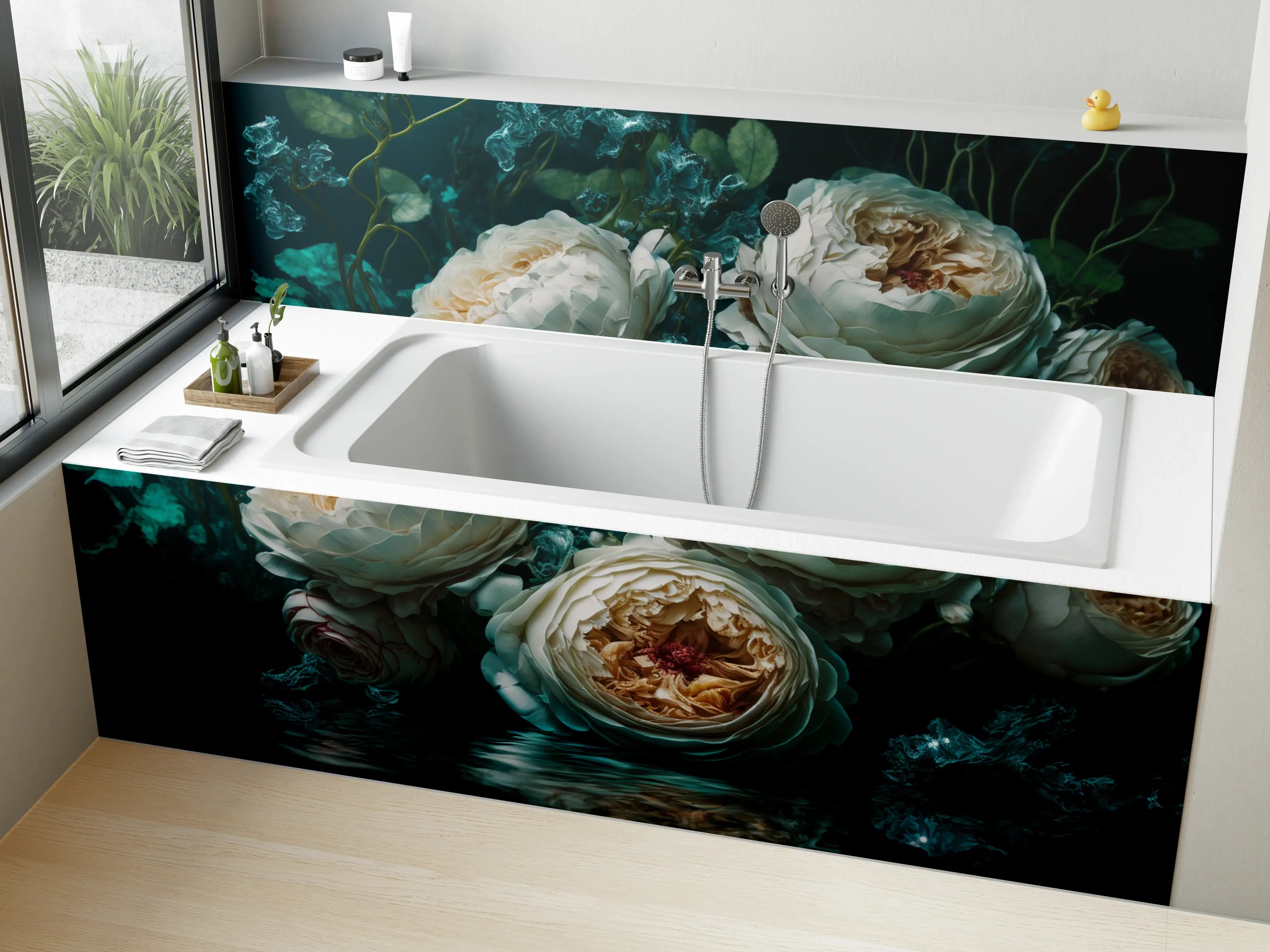 Badewannen-Rückwand - Elegante weiße Pfingstrosen in dunkler Atmosphäre