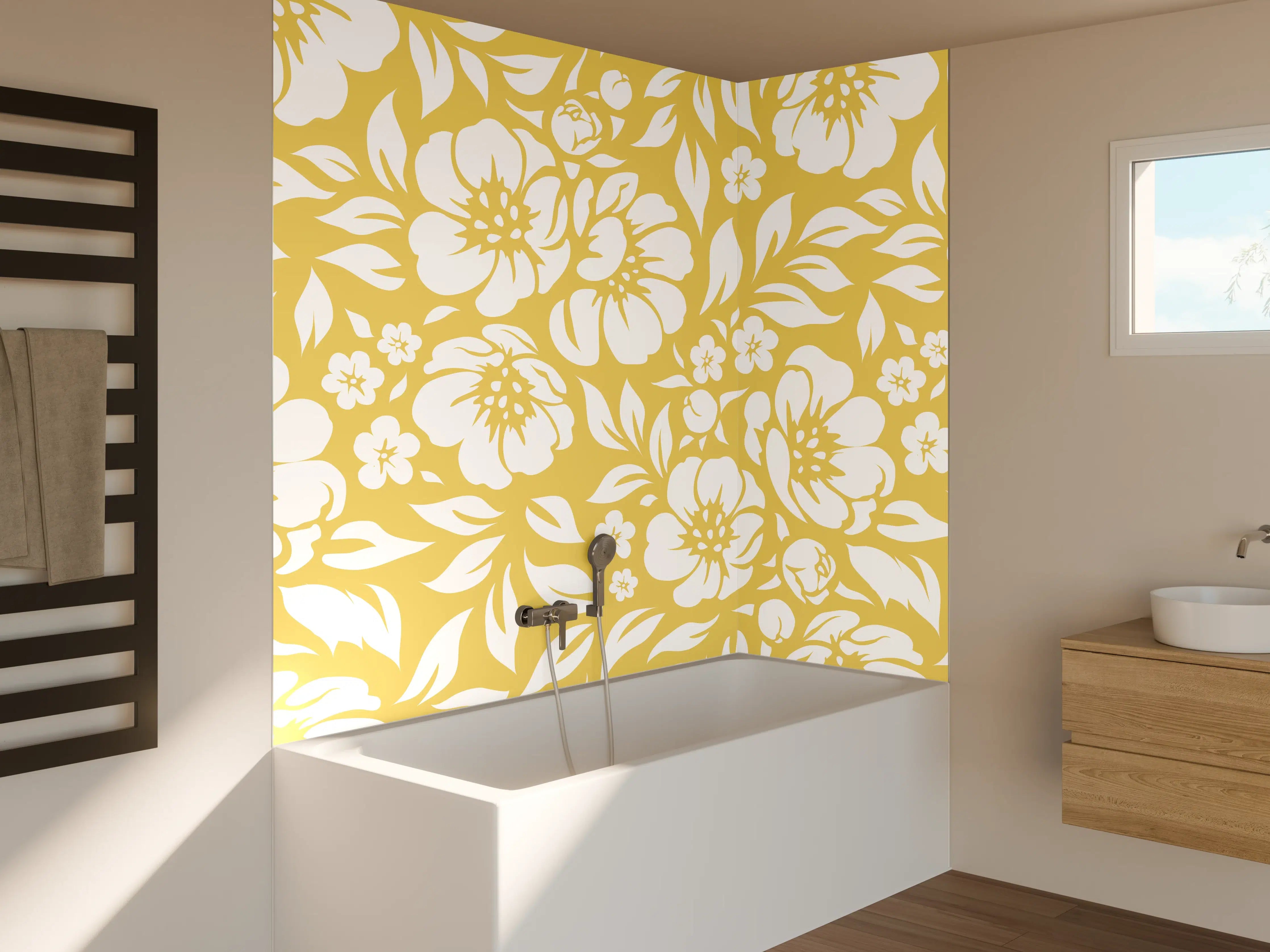 Badewannen-Rückwand - Eleganter Blumenmuster in Creme-Gold