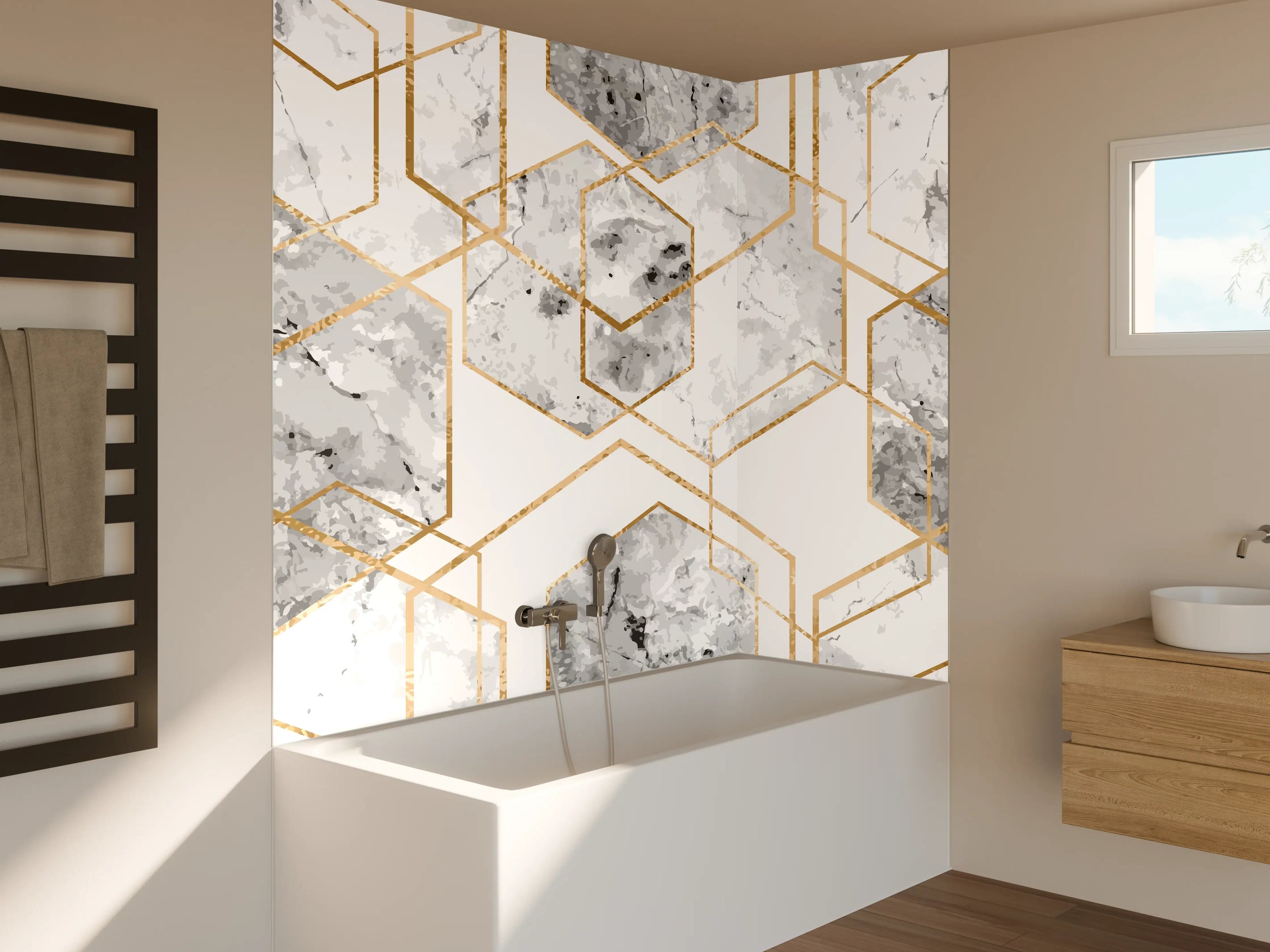 Badewannen-Rückwand - Eleganter Weiß-Gold Marmor-Look