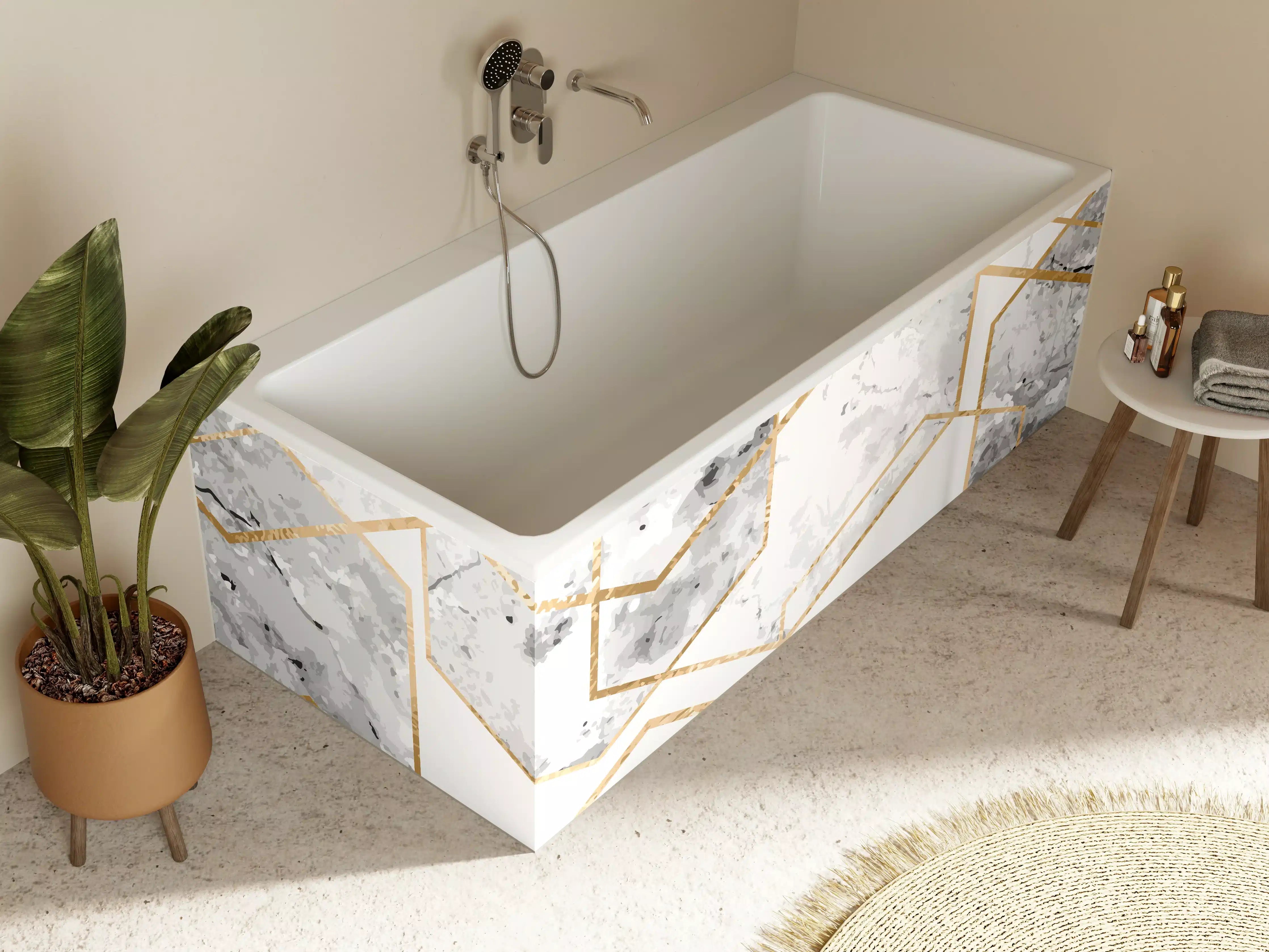 Badewannen-Rückwand - Eleganter Weiß-Gold Marmor-Look