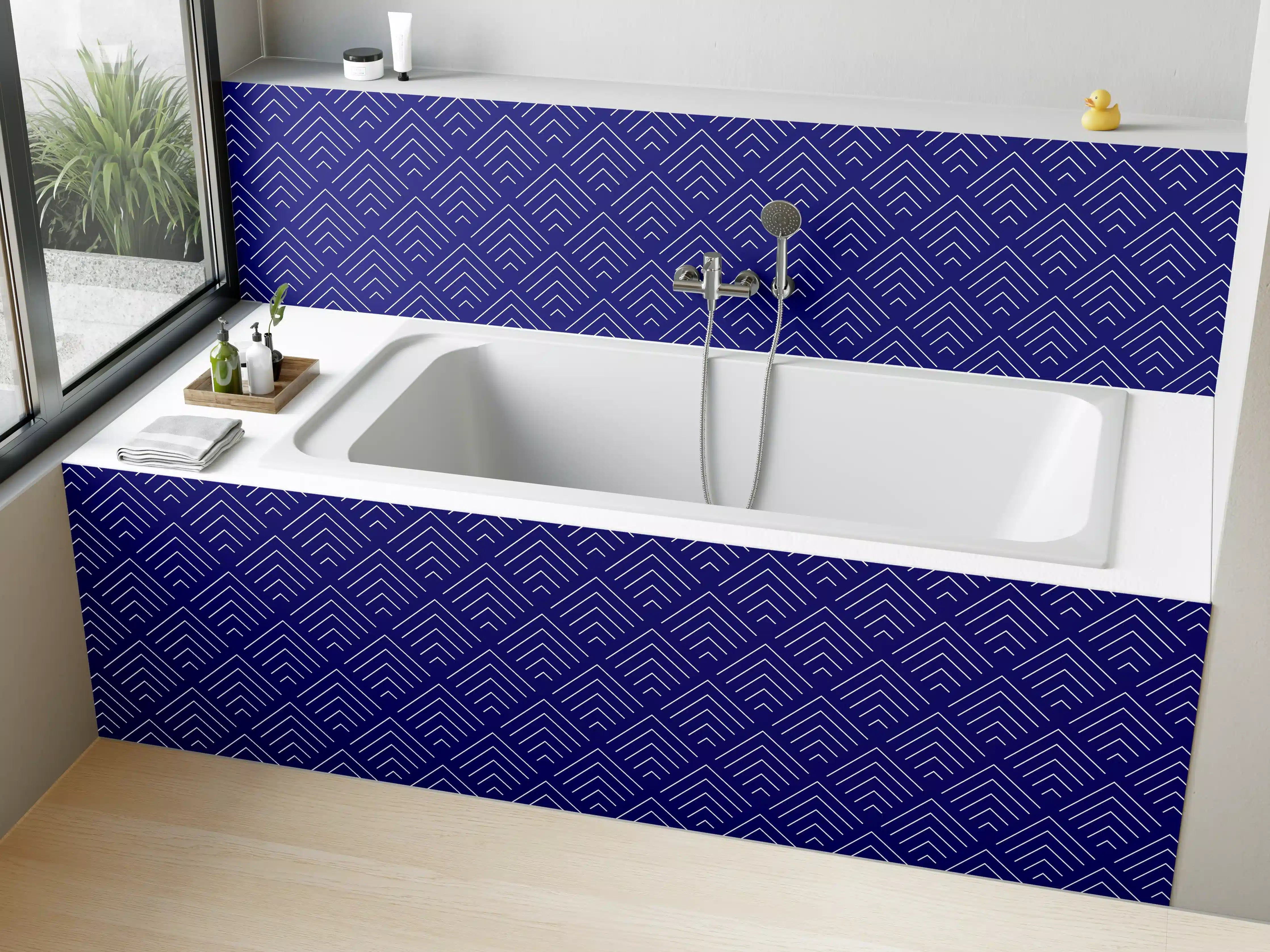 Badewannen-Rückwand - Elegantes Blau-Grau-Muster mit geometrischen Linien