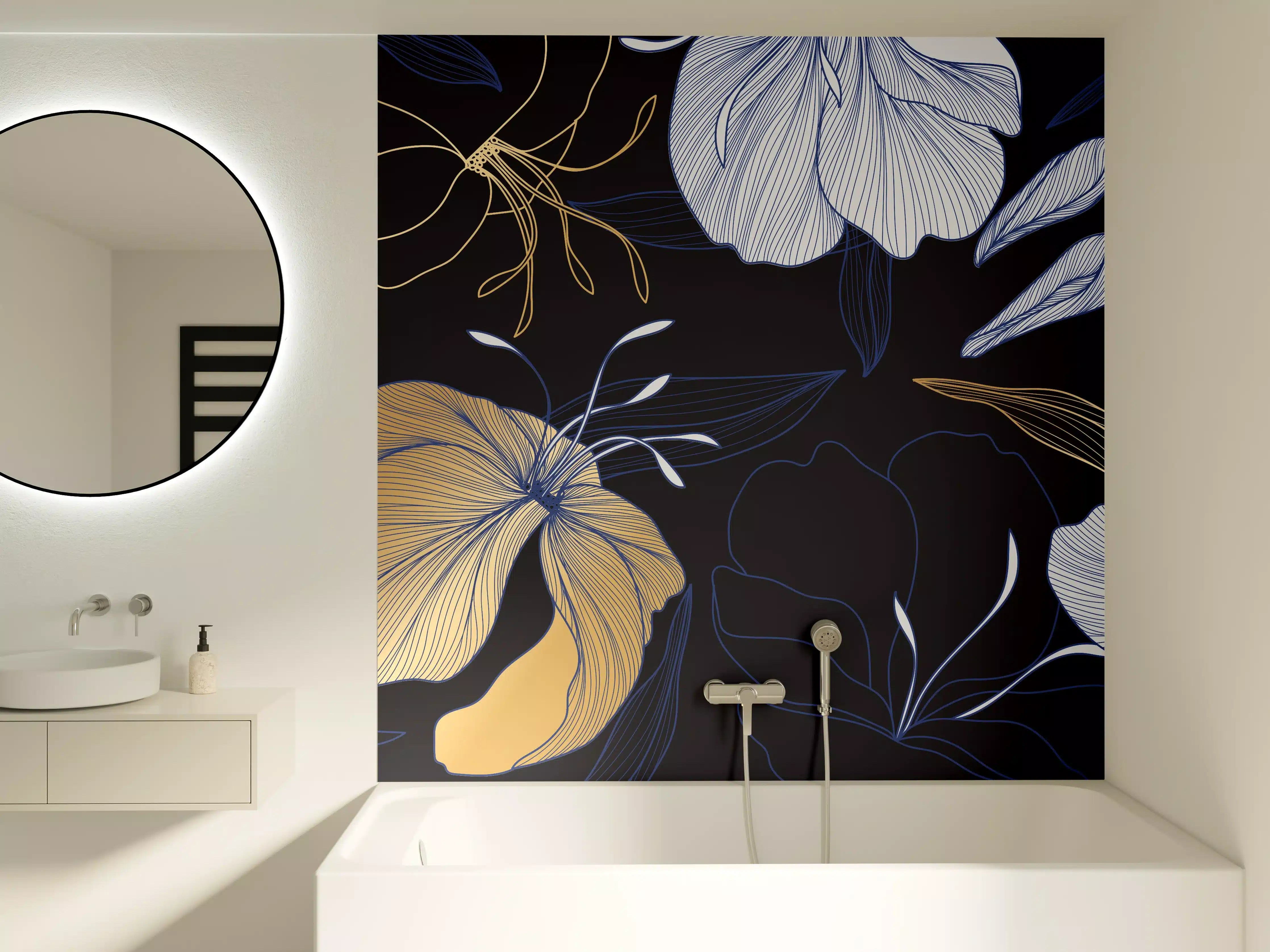 Badewannen-Rückwand - Elegantes Blumen-Muster Dunkelblau