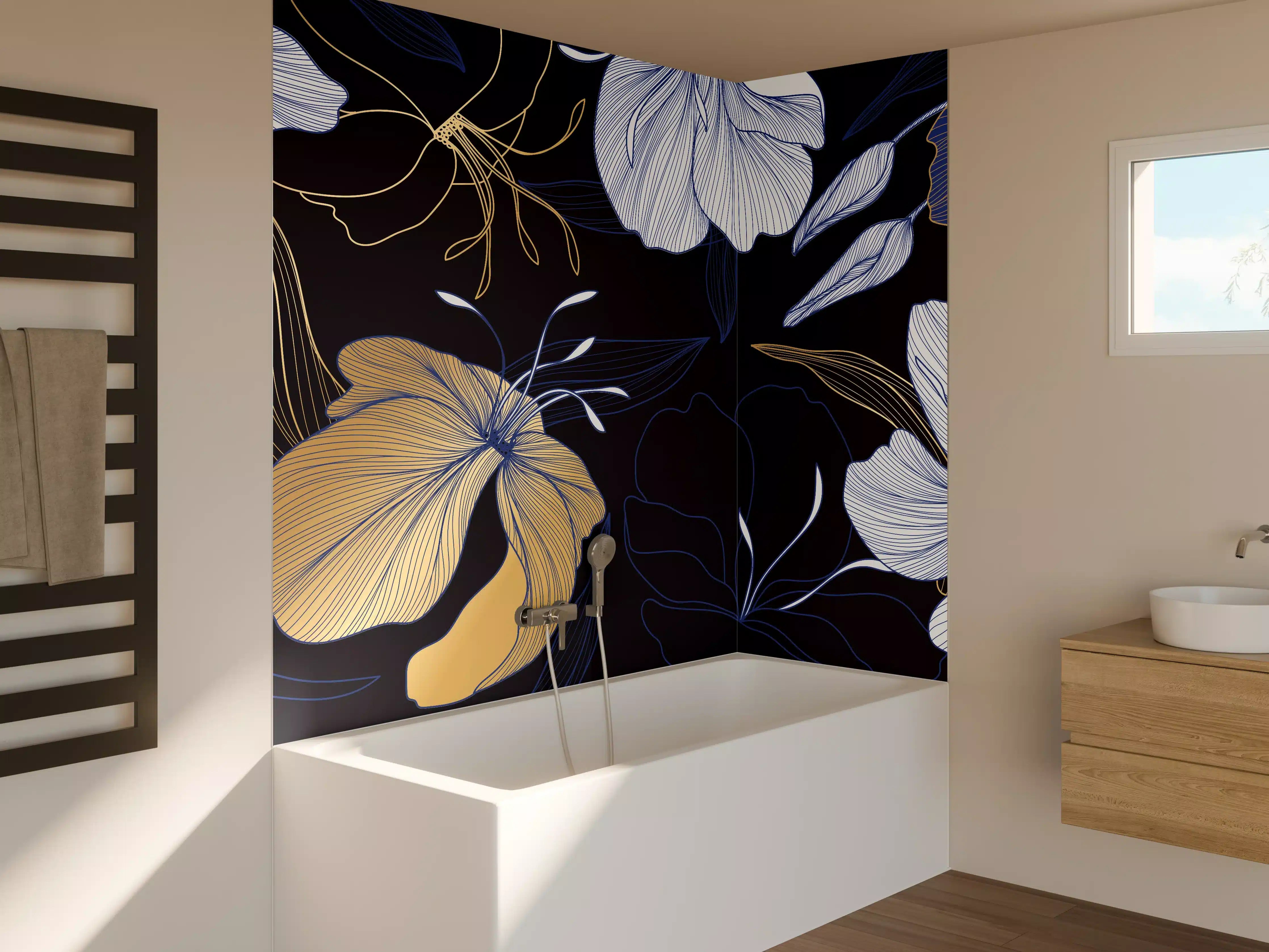 Badewannen-Rückwand - Elegantes Blumen-Muster Dunkelblau
